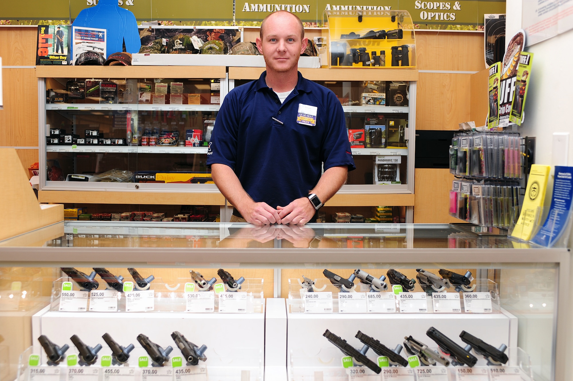 Sean Frowein, a former Senior Airman, is currently a Base Exchange gun sales associate at Seymour Johnson Air Force Base, N.C. When asked about the meaning of Veteran’s Day, Frowein said he is grateful for Service members, past and present, who have fought in the defense of America’s freedoms. (U.S. Air Force photo by Airman 1st Class John Nieves Camacho)
