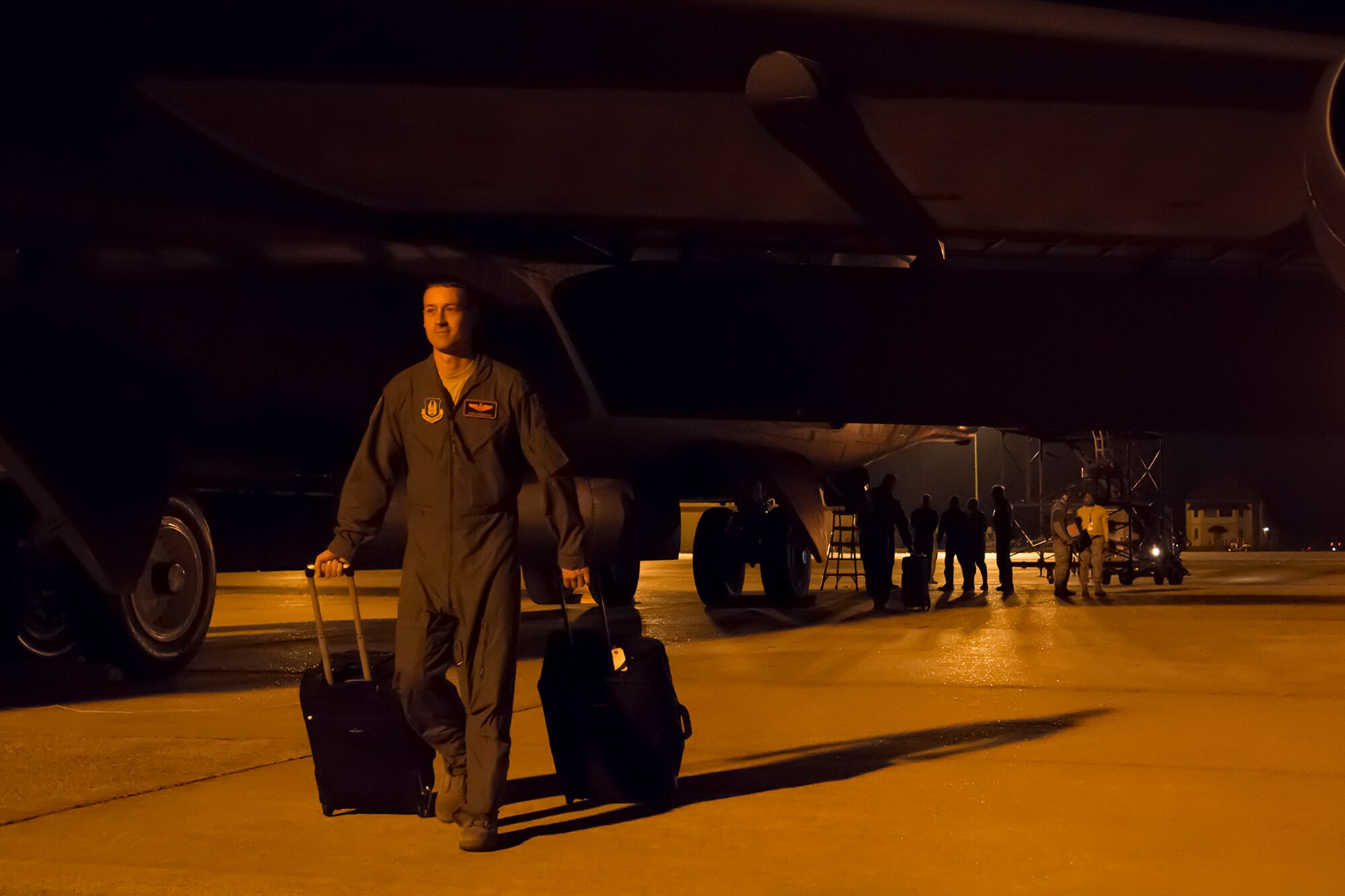 U.S. Air Force Capt. Chris Robinson, 343rd Bomb Squadron (BS) copilot, returns home to Barksdale Air Force Base, La., after participating in a routine exercise, Nov. 3, 2013. Two aircrews from the 343rd BS participated in the exercise, alongside their active duty counterparts from the 2nd Bomb Wing at Barksdale and the 5th Bomb Wing at Minot AFB, N.D. (U.S. Air Force photo by Master Sgt. Greg Steele/Released)