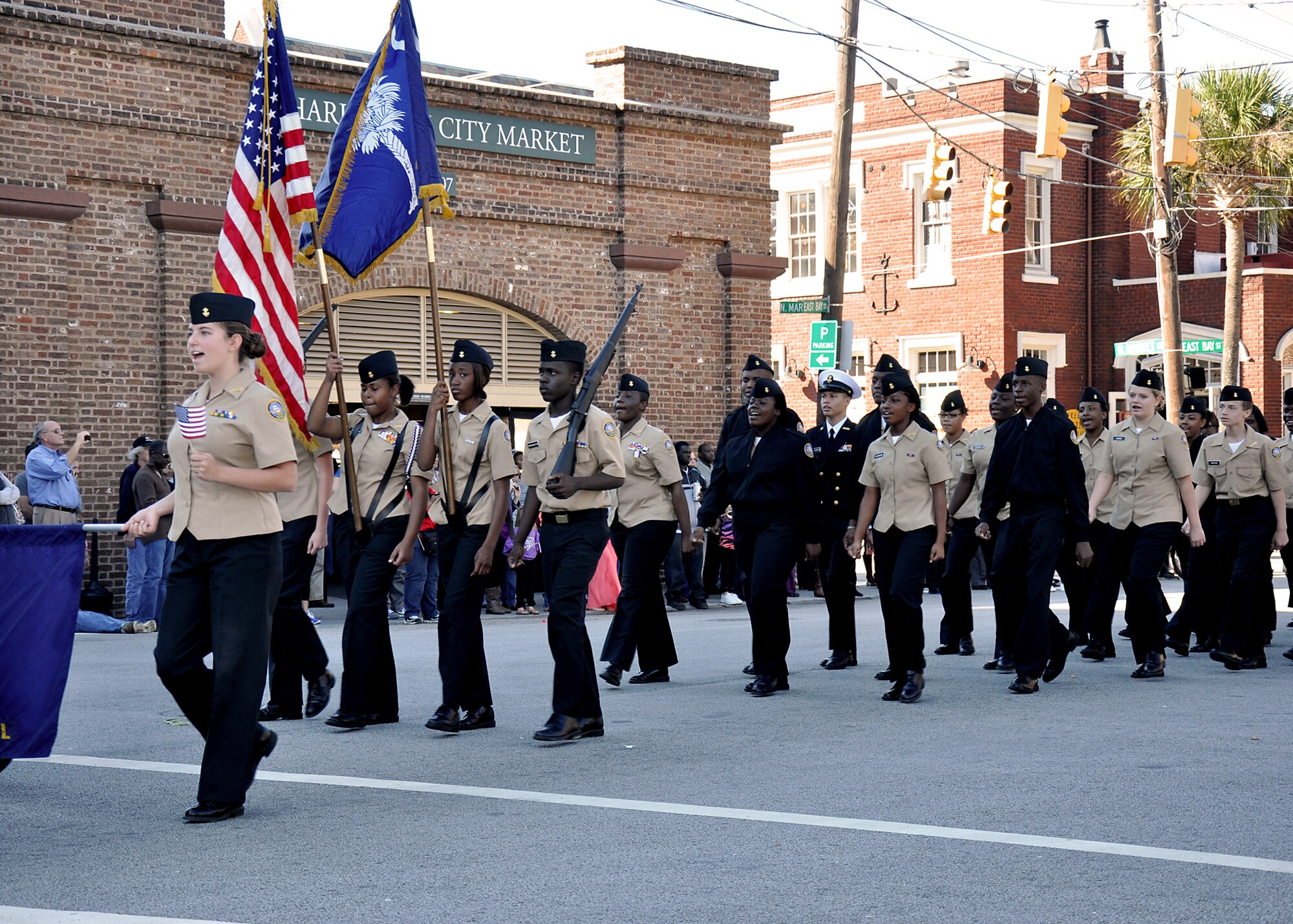 Members of the 315th Airlift Wing participated in the annual Charleston Veteran's Day parade in Charleston's downtown historic district Sunday. The parade was organized by the Ralph H. Johnson VA Medical Center and included marching bands, historic military vehicles, floats, motorcycle groups and veterans service organizations from the Charleston area. (U.S. Air Force Reseve photo by Senior Airman Bobby Pilch)