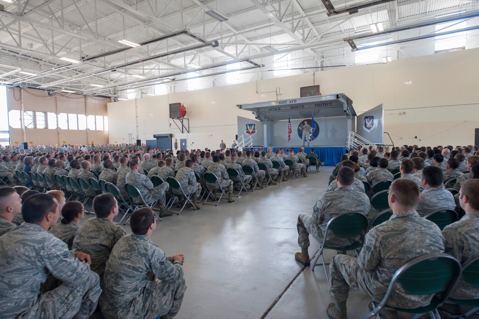 U.S. Air Force Chief Master Sgt. Richard A. Parsons, Air Combat Command command chief, talks about proposed changes to the enlisted promotion system during an all call at Moody Air Force Base, Ga., Nov. 4, 2013. Parsons said higher headquarters is looking at ways to resize the Air Force. (U.S. Air Force photo by Airman Dillian Bamman/Released)