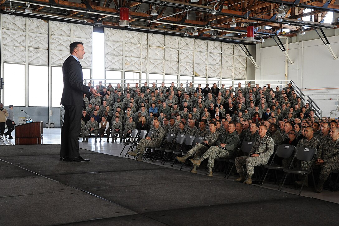 Acting Secretary of the Air Force Eric Fanning addresses the Team Pete audience during an all call Nov. 1, at Peterson Air Force Base, Colo. Fanning discussed several topics during the all call, including sequestration, the future budget and sexual assault prevention. 