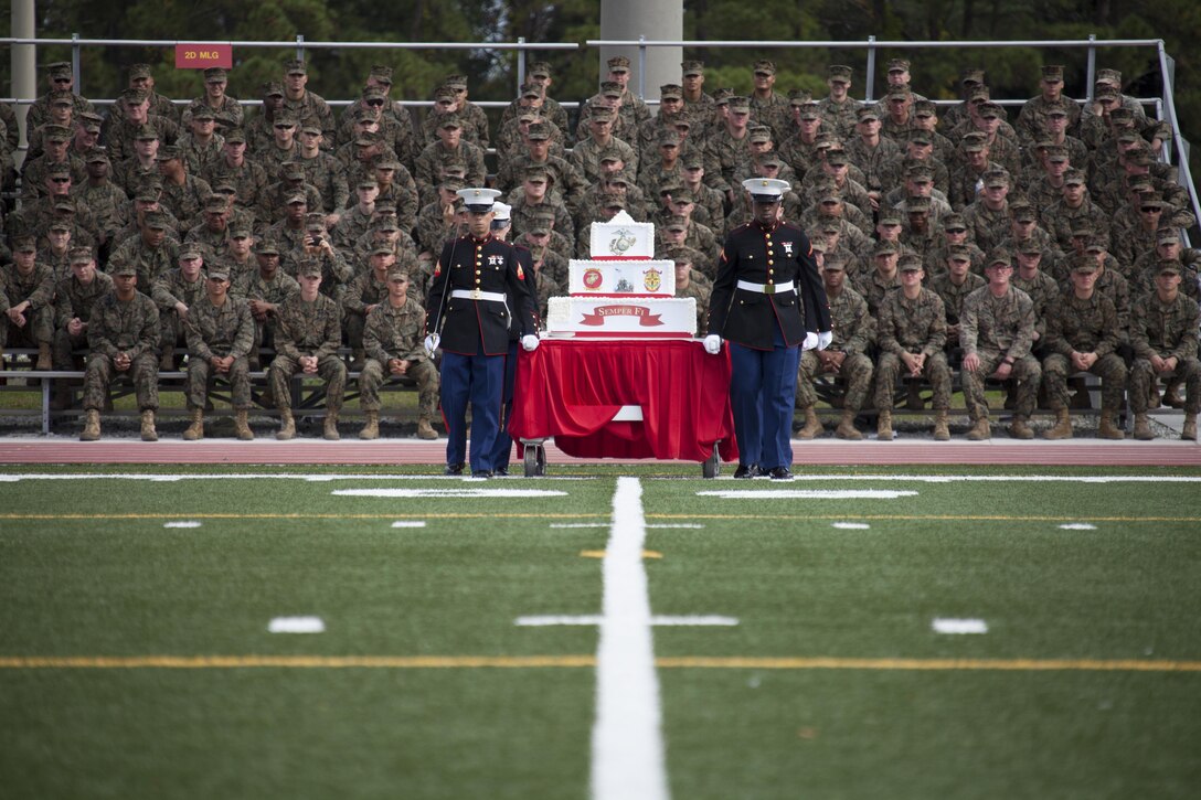 U.S. Marines march on the ceremonial cake during the Joint Daytime Ceremony aboard Camp Lejeune, N.C., Nov. 6, 2013. The ceremony is held every year in honor of the Marine Corps birthday. (U.S. Marine Corps photo by Lance Cpl. Andre Dakis, COMCAM, MCI-East, Camp Lejeune/Released)