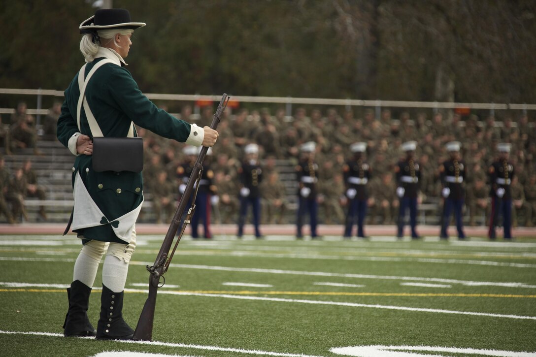 A U.S. Marine with the ceremonial pageant stands at parade rest during the Joint Daytime Ceremony aboard Camp Lejeune, N.C., Nov. 6, 2013. The traditional ceremony is held every year in honor of the Marine Corps birthday. (U.S. Marine Corps photo by Cpl. Adrian Weekly, Combat Camera, MCB Camp Lejeune/Released)