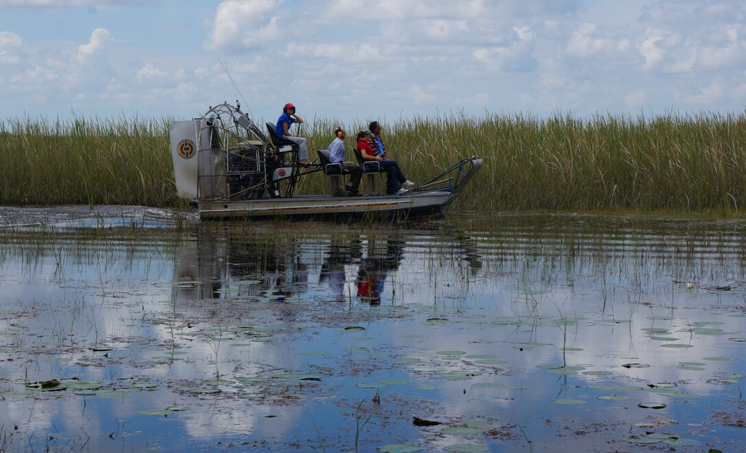 The Miccosukee Tribe provided Corps personnel a firsthand look at conditions in Water Conservation Area 3A in the Everglades during recent high water conditions. Marta Reczko operates one of the Miccosukee Tribe airboats, with passengers including tribal representative Gordon Kenny, tribal elder Michael Frank and a tribal employee.