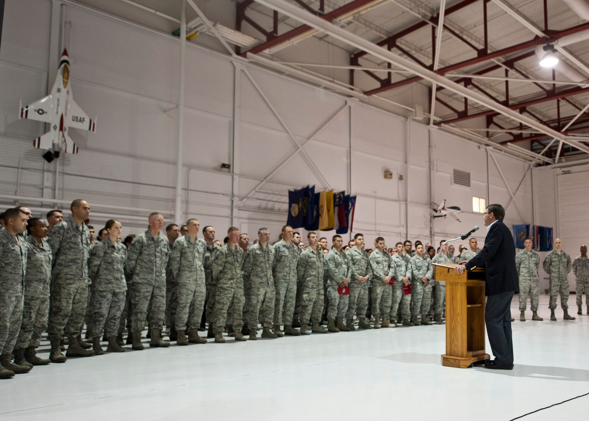 Dr. Ashton Carter, United States Deputy Secretary of Defense, speaks to Airmen at the Thunderbird Hangar Nov. 6th, 2013, at Nellis Air Force Base, Nev. Carter's Pentagon responsibilities include countering weapons of mass destruction worldwide, oversight of the U.S. nuclear arsenal and missile defense programs.  (U.S. Air Force photo by Airman 1st Class Jason Couillard)