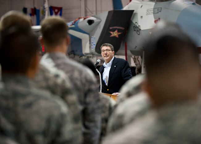 Dr. Ashton Carter, United States Deputy Secretary of Defense speaks to Airmen at the Thunderbird Hangar Nov. 6th, 2013, at Nellis Air Force Base, Nev.  Carter visited Nellis AFB to tour the installation and thank Airmen for continuing to do their jobs during challenging times. (U.S. Air Force photo by Airman 1st Class Jason Couillard)