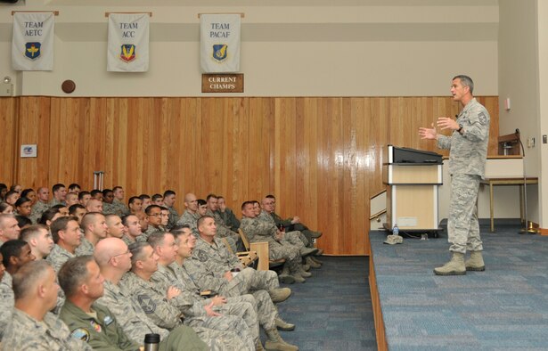Chief Master Sgt. Richard A. Parsons, Air Combat Command command chief, speaks to Tyndall Airmen during a visit Nov. 5 at the 53rd Weapons Evaluation Group auditorium. During his speech, the command chief stressed importance of readiness and addressed concerns about future Air Force changes. (U.S. Air Force photo by Airman 1st Class Alex Echols)