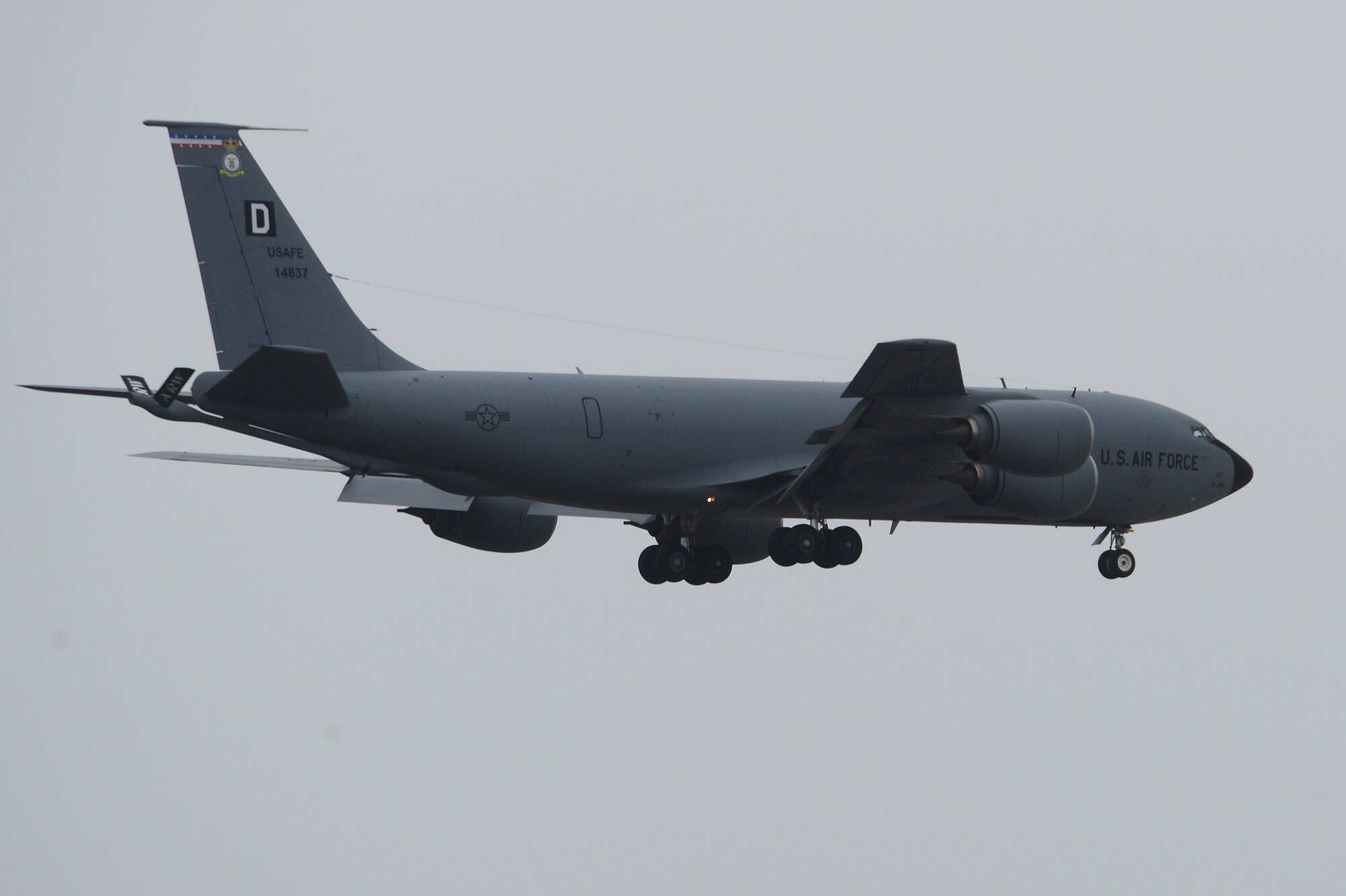 A KC-135 Stratotanker deployed from Royal Air Force Mildenhall, England, prepares to land at Keflavik International Airport, Iceland, Nov. 4, 2013, to conduct air surveillance and policing missions. The KC-135 provides tanker support during air policing missions to extend the range of fighter jets. Airmen from Royal Air Force Lakenheath, RAF Mildenhall, Spangdahlem Air Base, Ramstein AB, Davis-Monthan Air Force Base, Tinker AFB and Robins AFB arrived at Keflavik International Airport, Iceland, Oct. 28, 2013, to complete an air surveillance exercise in support of a bilateral agreement between the U.S. and Iceland. (U.S. Air Force photo by Airman 1st Class Dana J. Butler)