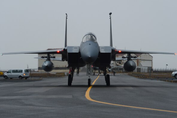 Lt. Col. Lendy Renegar, 48th Air Expeditionary Group commander, taxis after landing at Keflavik International Airport, Iceland, Nov. 4, 2013. Airmen from Royal Air Force Lakenheath, RAF Mildenhall, Spangdahlem Air Base, Ramstein AB, Davis-Monthan Air Force Base, Tinker AFB and Robins AFB arrived at Keflavik International Airport, Iceland, Oct. 28, 2013, to complete an air surveillance exercise in support of a bilateral agreement between the U.S. and Iceland. (U.S. Air Force photo by Airman 1st Class Dana J. Butler)