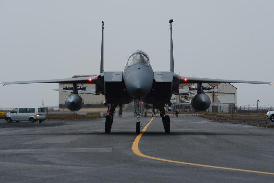 Lt. Col. Lendy Renegar, 48th Air Expeditionary Group commander, taxis after landing at Keflavik International Airport, Iceland, Nov. 4, 2013. Airmen from Royal Air Force Lakenheath, RAF Mildenhall, Spangdahlem Air Base, Ramstein AB, Davis-Monthan Air Force Base, Tinker AFB and Robins AFB arrived at Keflavik International Airport, Iceland, Oct. 28, 2013, to complete an air surveillance exercise in support of a bilateral agreement between the U.S. and Iceland. (U.S. Air Force photo by Airman 1st Class Dana J. Butler)