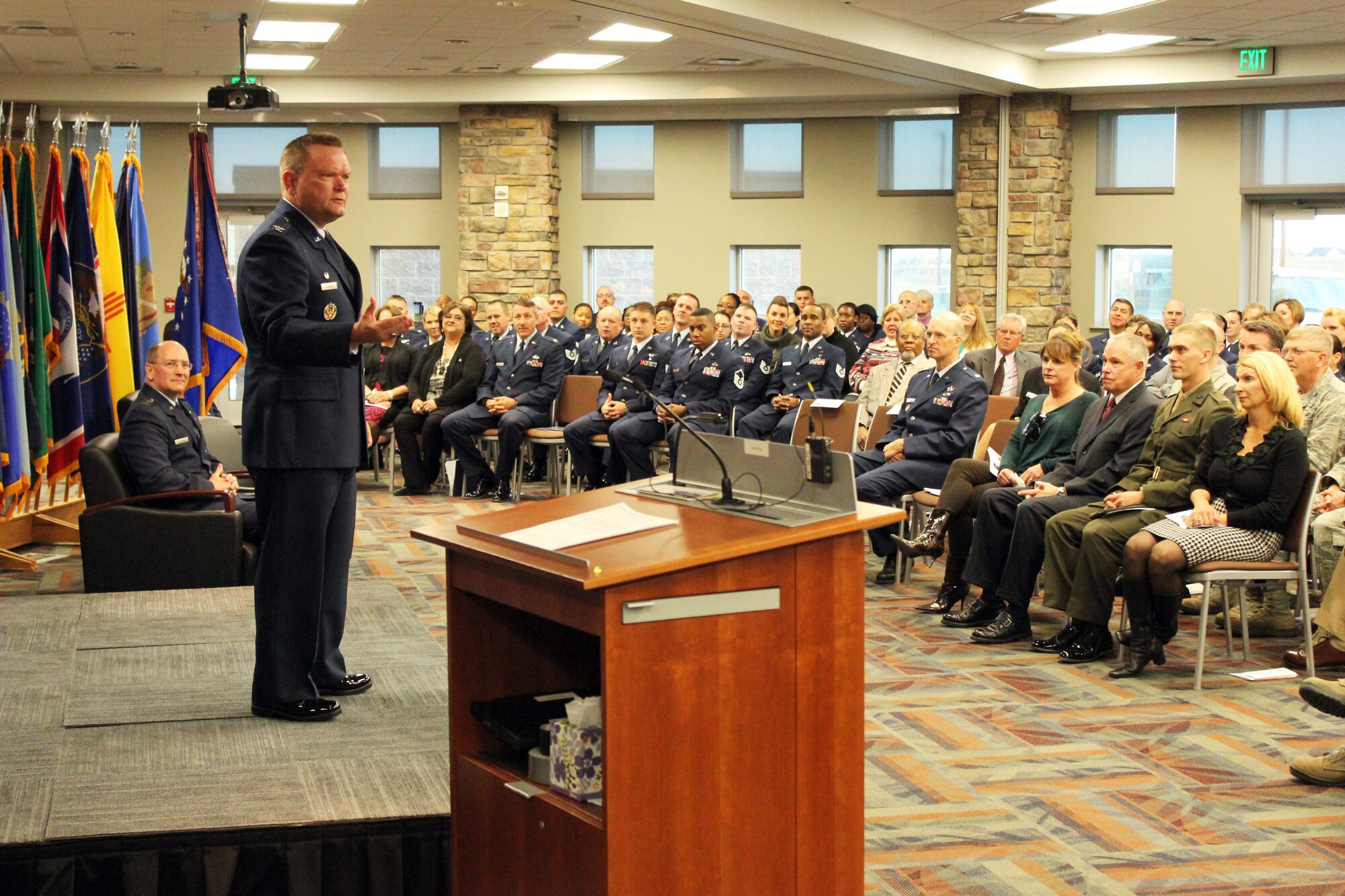 BUCKLEY AIR FORCE BASE, Colo. -- Col. Samuel "Bo" Mahaney speaks to Air Reserve Personnel Center staff after assuming command from Lt. Gen. James "JJ" Jackson, commander, Air Force Reserve Commmand, in a ceremony Nov. 5, 2013, at Buckley AFB, Colo. Mahaney comes from being wing commander at 452nd Air Mobility Wing, March Air Reserve Base, Calif. (U.S. Air Force photo/Master Sgt. Christian Michael)