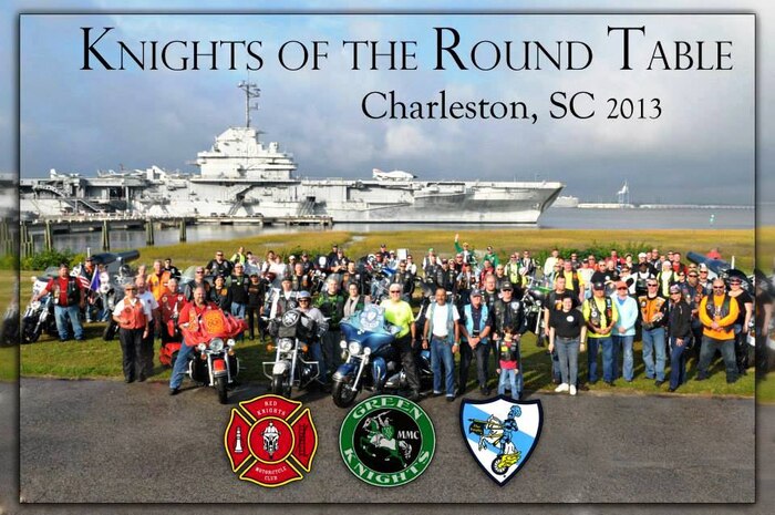 The Green Knights, representing military and DoD motorcyclists, Blue Knights, representing law enforcement, and Red Knights, representing the fire service members, pose for a photo during the 2013 Knights of the Round Table competition Oct. 20, 2103, in Charleston, S.C. The Green Knights won the coveted knight's scepter and will host next year's competition. (Courtesy photo)