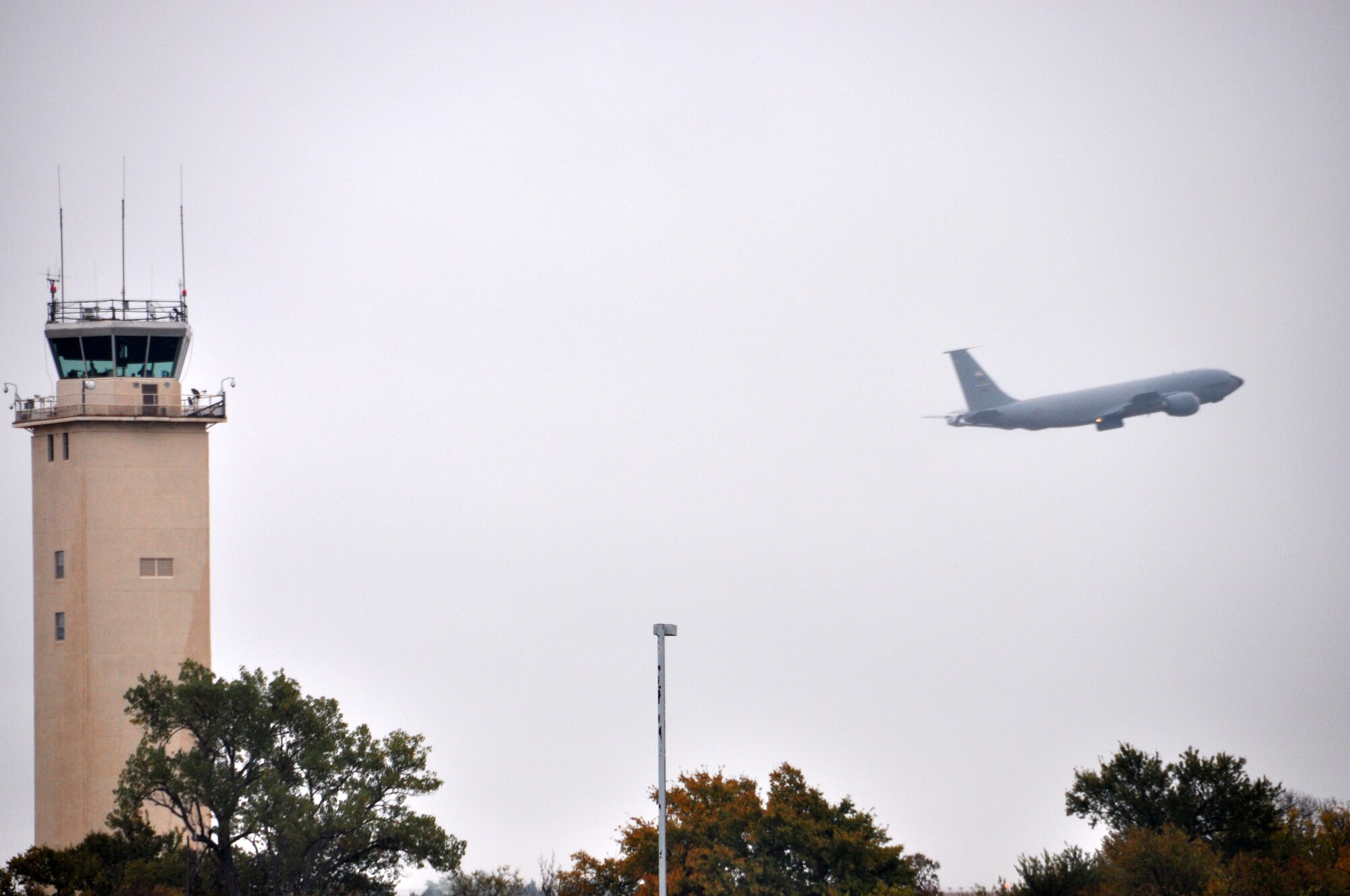 A 507th KC-135 Stratotanker departs in order to conduct aerial refueling operations in support of an ongoing exercise.  Pilots and boom operators from the 465th Air Refueling Squadron as well as maintenance personnel from the 507th Air Refueling Wing from Tinker Air Force Base Okla. have been launching and recovering aircraft for several days in support of the joint service exercise.  (U.S. Air Force photo/Senior Airman Mark Hybers)