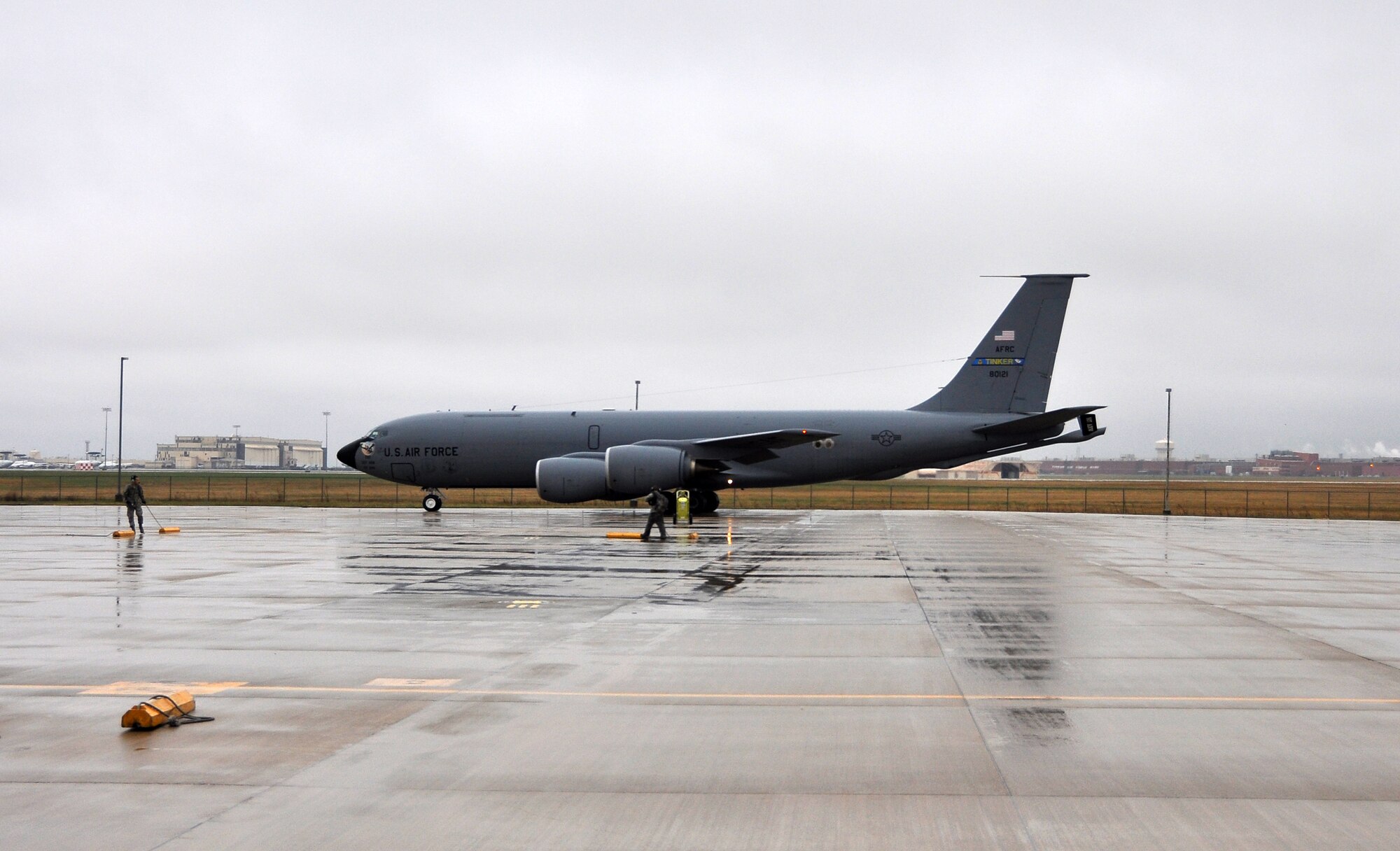 Maintainers from the 507th Maintenance Squadron finish pre-flight and launch of a KC-135 Stratotanker in support of an ongoing exercise.  Pilots and boom operators from the 465th Air Refueling Squadron as well as maintenance personnel from the 507th Air Refueling Wing from Tinker Air Force Base Okla. have been launching and recovering aircraft for several days in support of the joint service exercise.  (U.S. Air Force photo/Senior Airman Mark Hybers)