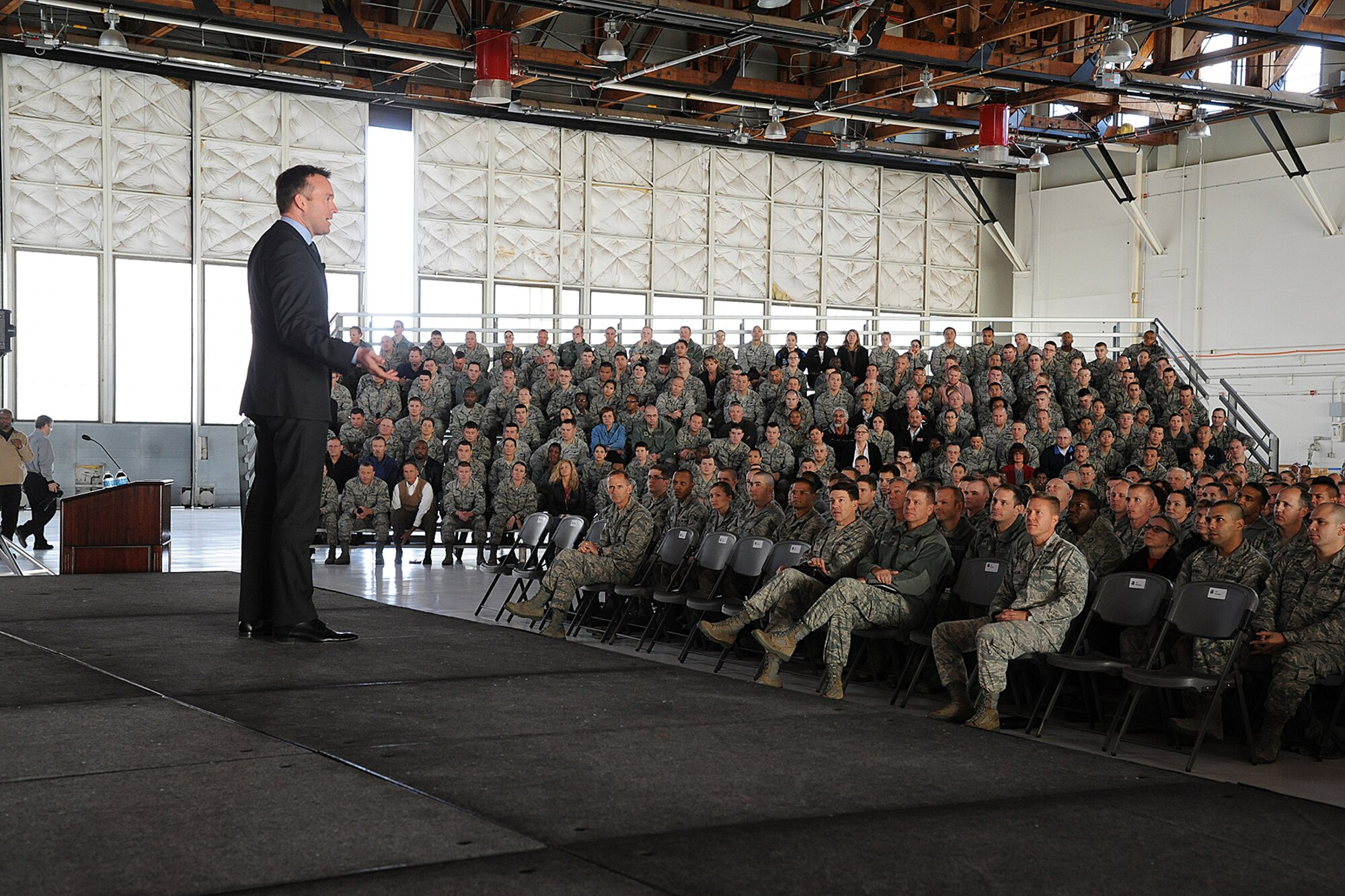 PETERSON AIR FORCE BASE, Colo. – Acting Secretary of the Air Force Eric Fanning addresses the Team Pete audience during an all call Nov. 1. Fanning discussed several topics during the all call, including sequestration, the future budget and sexual assault prevention. In addition to the all call, the acting secretary visited the Sexual Assault Prevention and Response team, Cheyenne Mountain Air Force Station and had lunch with Airmen at the dining facility. (U.S. Air Force photo/Rob Bussard)