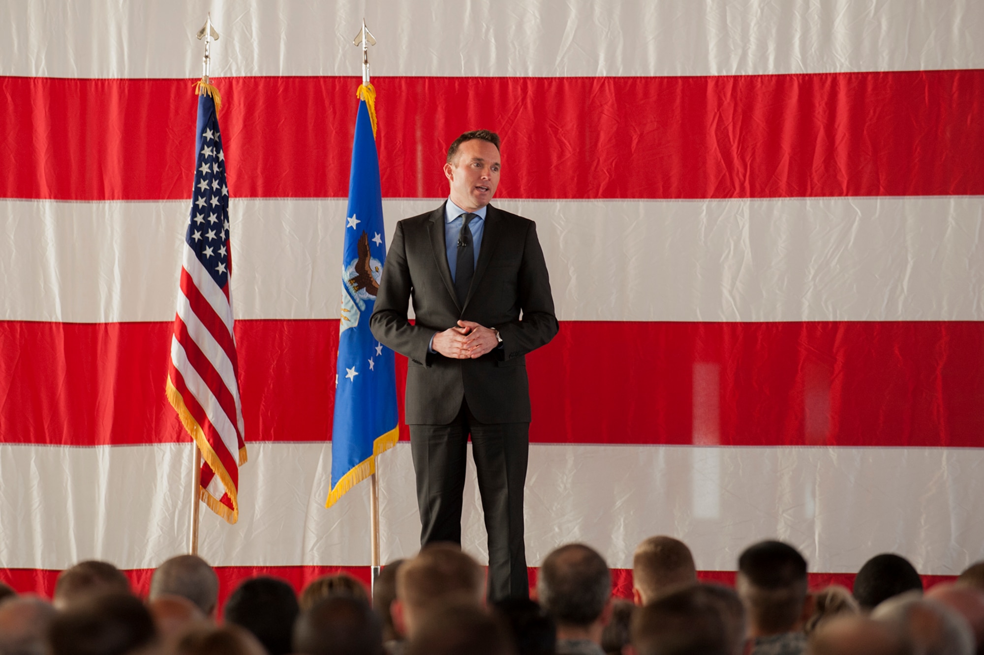 PETERSON AIR FORCE BASE, Colo. – Acting Secretary of the Air Force Eric Fanning talks to Team Pete during an all call Nov. 1. Fanning discussed several topics during the all call, including sequestration, the future budget and sexual assault prevention. In addition to the all call, the acting secretary visited the Sexual Assault Prevention and Response team, Cheyenne Mountain Air Force Station and had lunch with Airmen at the dining facility. (U.S. Air Force photo/Philip Carter)