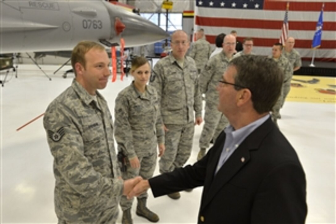 Deputy Defense Secretary Ash Carter thanks members of the 388th Fighter Wing for their service during his visit to Hill Air Force Base, Utah, Nov. 5, 2013. Carter is visiting several military bases to thank service members for their loyalty and sacrifices.  