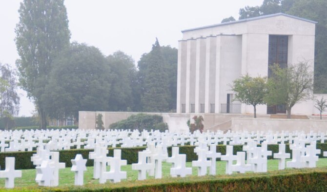 Headstones made of Lasa marble line the grounds of Madingley American Cemetery Oct. 16, 2013, at Madingley, England. Each grave contains the body or identifiable remains of the named individual on the headstone, with the exception of 24 unknown service members. The 3,812 graves make up approximately 39 percent of the original total of Americans temporarily interred in the United Kingdom during World War II. Sixty percent were repatriated at the wishes of family and next of kin.