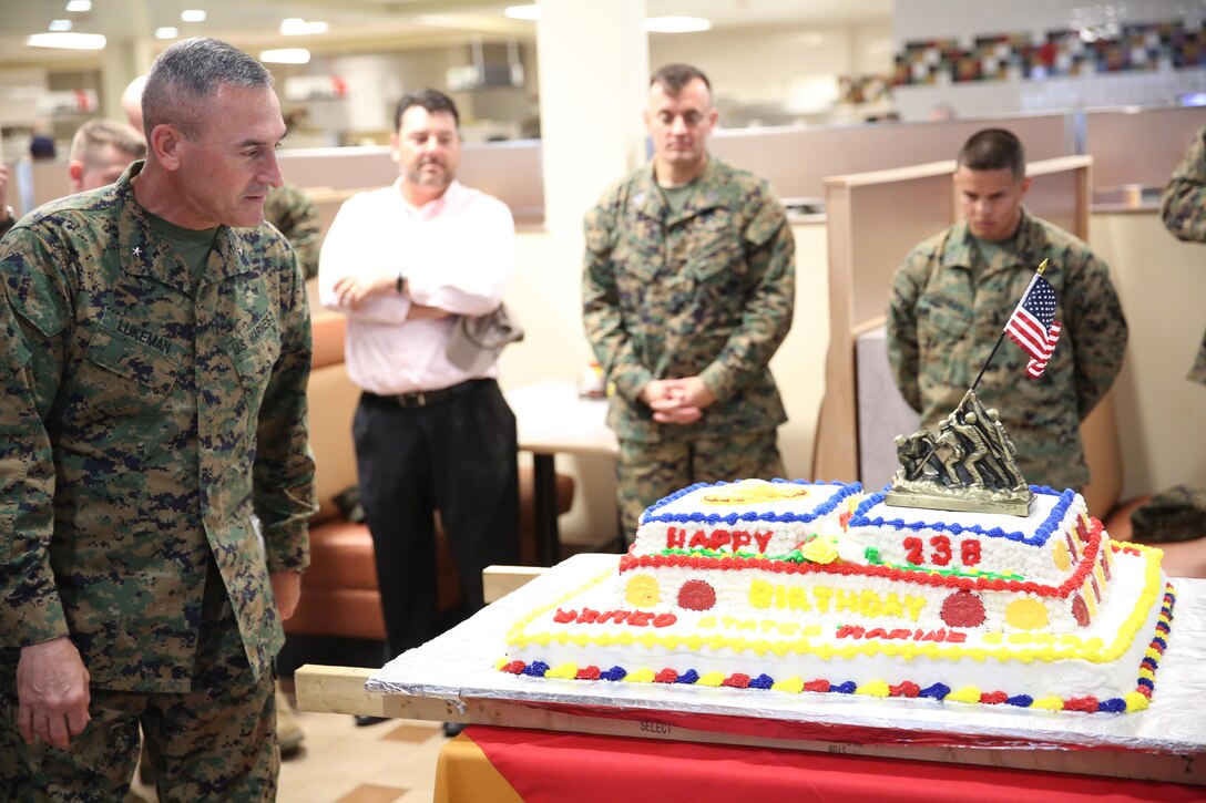 Brigadier Gen. James W. Lukeman, the 2nd Marine Division commanding general, judges a cake created by food service Marines during the 2013 Marine Corps birthday cake competition aboard Marine Corps Base Camp Lejeune, Nov. 6, 2013. The Marines were tasked with creating a cake for celebrating the Marine Corps’ 238th birthday.