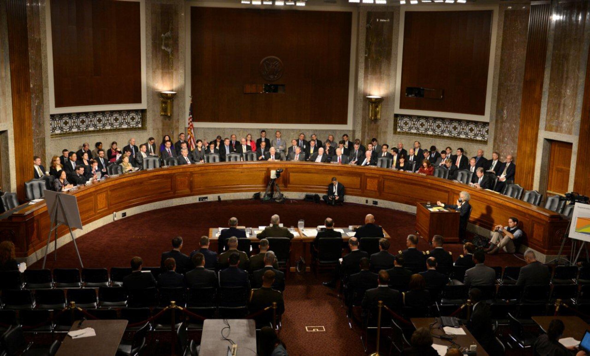 Air Force Chief of Staff Gen. Mark A. Welsh III, along with the other service chiefs, addresses the impacts of sequestration on the Department of Defense during a Senate Armed Services Committee hearing, Nov. 7, 2013, Washington, D.C.  Among other concerns, Welsh emphasized the danger of having to choose between a ready force today, or a modern force tomorrow. 