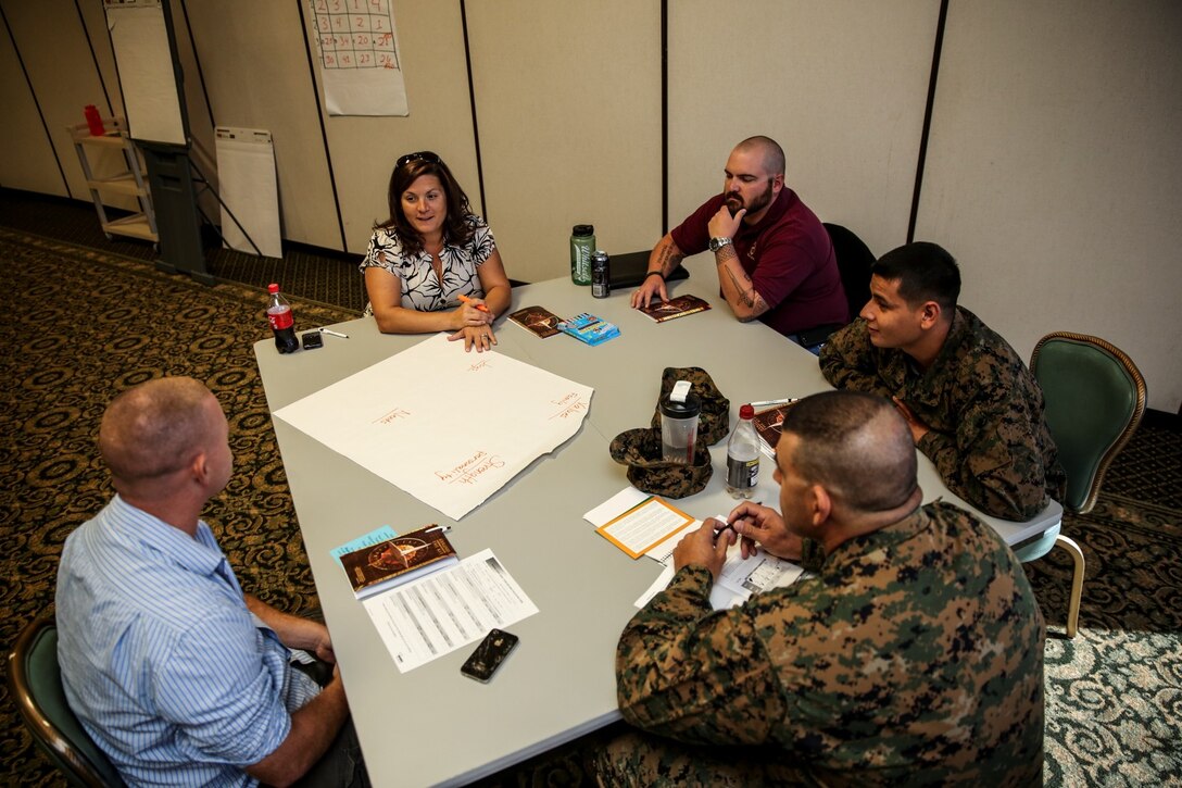 Marines with the 15th Marine Expeditionary Unit answer brainstorm with other members of their group during the Four Lenses communications class at the Family Readiness Center aboard Camp Pendleton, Calif., Nov. 5. The class is designed to enhance personal and working relationships and individuals learn about their personality. (U.S. Marine Corps Photo by Cpl. Emmanuel Ramos/Released)
