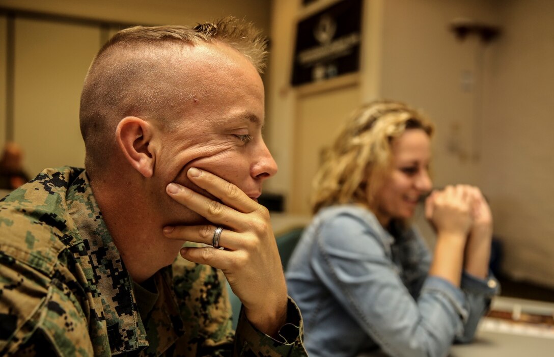 Sergeant Jamean Berry, combat photographer, 15th Marine Expeditionary Unit, considers his their values, joys, strengths and needs during the Four Lenses communications class at the Family Readiness Center aboard Camp Pendleton, Calif., Nov. 5. The class is designed to enhance personal and working relationships and individuals learn about their personality. (U.S. Marine Corps Photo by Cpl. Emmanuel Ramos/Released)