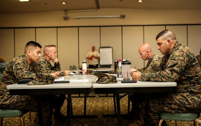 Marines with the 15th Marine Expeditionary Unit answer questions about their values, joys, strengths and needs during the Four Lenses communications class at the Family Readiness Center aboard Camp Pendleton, Calif., Nov. 5. The class is designed to enhance personal and working relationships and individuals learn about their personality. (U.S. Marine Corps Photo by Cpl. Emmanuel Ramos/Released)