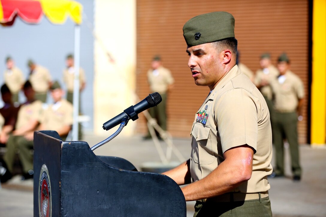 Captain Matthew Hohl, the commanding officer of Charlie Company, 3rd Assault Amphibian Battalion, and a native of Clinton, Mass., thanks the Marines in the company for giving him the privilege of serving alongside them during the company's deactivation ceremony here, Nov. 1, 2013. He said he believes the company will be reactivated when they are needed and this is just a pause in their history. The Marines with Charlie Company will continue to serve the battalion by integrating into Echo Company.