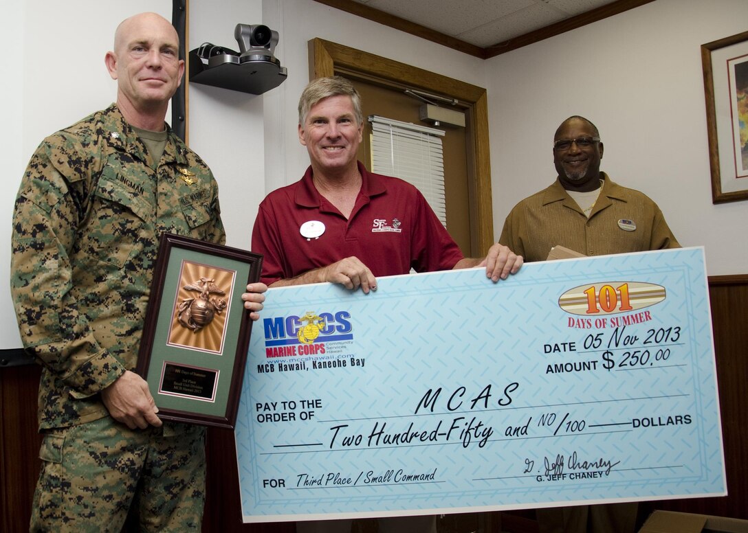 Lt. Col. Daniel Lingman (left), commanding officer, Marine Corps Air Station Kaneohe Bay, accepts the small command category third place award from Neil Morgan (center), coordinator, Health Promotion Office, during a staff meeting in building 216, Nov. 5, 2013, for his unit’s total score of 4,495 points. Morgan and Quentin Redmon (right), drug demand reduction coordinator, Substance Abuse Counseling Center, presented the awards. More than 6,600 Marines and sailors from 24 units participated in the 101 Days of Summer program aboard Marine Corps Base Hawaii, from May through September. Participants competed in various sports and activities to earn points for their unit. (U.S. Marine Corps photo by Kristen Wong)