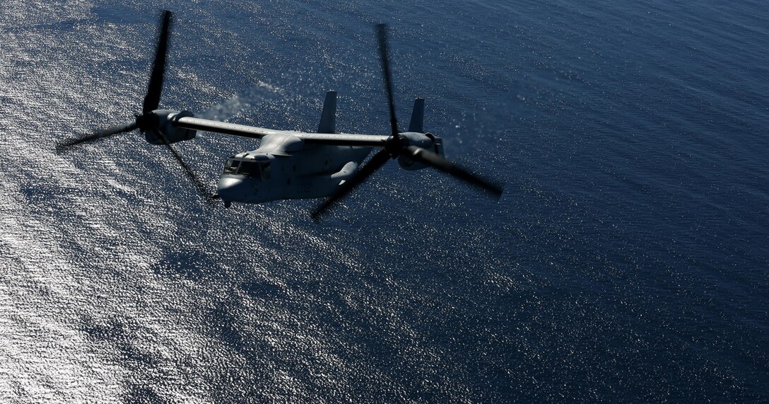 An MV-22B Osprey with Marine Medium Tiltrotor Squadron 161 “Greyhawks” flies over the Pacific Ocean on its way to collect a detachment of Marines with 1st Battalion, 11th Marines after they performed sensor recovery, repair and updating aboard San Clemente Island, Calif., Nov. 1. This was a routine flight for the squadron, but crucial to the ground unit’s mission aboard the island.


