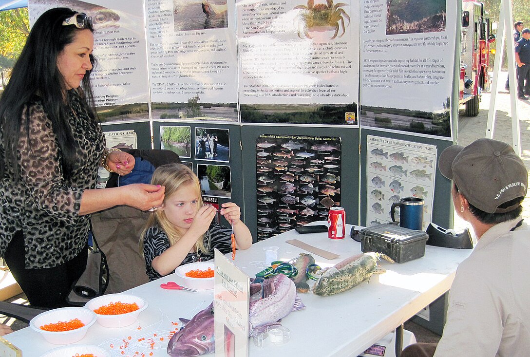 Young visitors were invited to make a bracelet of beads resembling salmon eggs while hearing about the life cycle of the salmon from U.S. Fish and Wildlife Service personnel. Young fans of the Chinook salmon celebrated the famous fish in drawings, paintings and hand-painted t-shirts during the fifth annual Salmon Festival, Oct. 26, at Stanislaus River Parks, the U.S. Army Corps of Engineers facility in Knights Ferry, Calif.