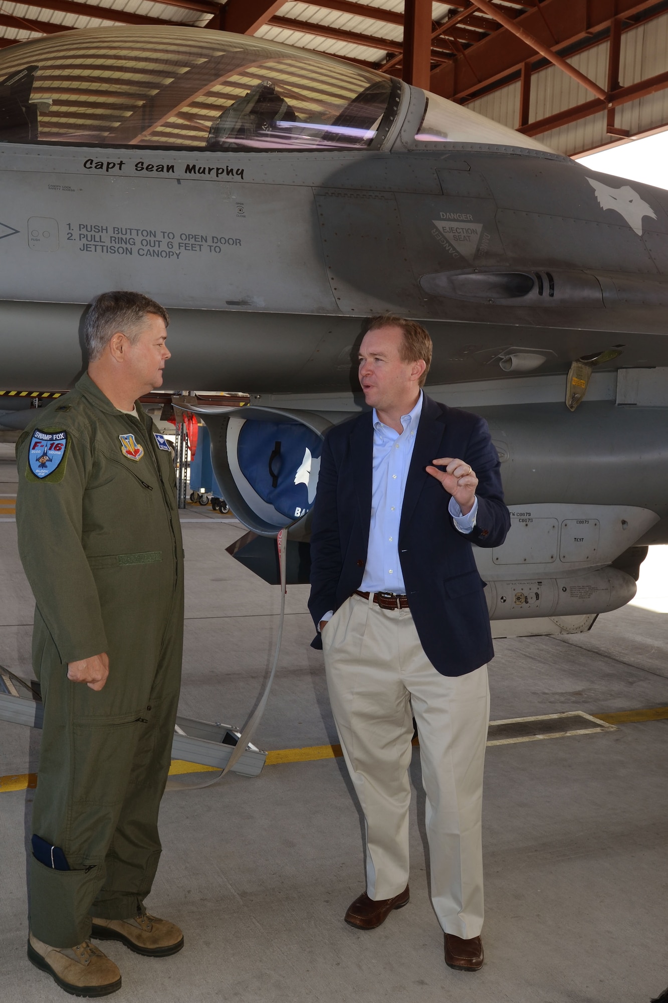 U.S. Air Force Brig. Gen. Michael Hudson, Chief of Staff of the South Carolina Air National Guard, discusses the air superiority capabilities of the F-16 aircraft assigned to the 169th Fighter Wing and the homeland defense mission of the 169th Aerospace Control Alert unit, Nov. 6, 2013. Military leaders of the South Carolina Air National Guard at McEntire Joint National Guard Base hosted a visit to Congressman Mick Mulvaney, U.S. Representative for South Carolina's 5th Congressional District, and to members of the S.C. Military Base Task Force, William L. Bethea, Jr., Chairman of the MBTF, and Charlie Farrell. (U.S. Air National Guard photo by Senior Master Sgt. Edward Snyder/Released)  