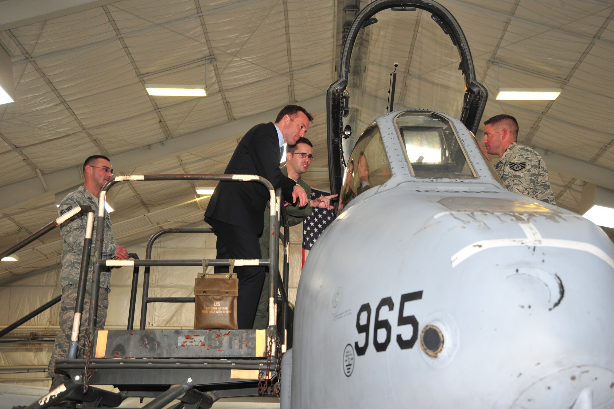 Acting Secretary of the Air Force Eric Fanning looks inside the cockpit of an A-10 Thunderbolt II during a familiarization tour at Davis-Monthan Air Force Base, Ariz., Nov. 5, 2013. Fanning also toured the HH-60G Pave Hawks assigned to the rescue units, as well as the 309th Aerospace Maintenance and Regeneration Group. (U.S. Air Force photo/SrA Joshua Slavin)(Released) (Cropped)
