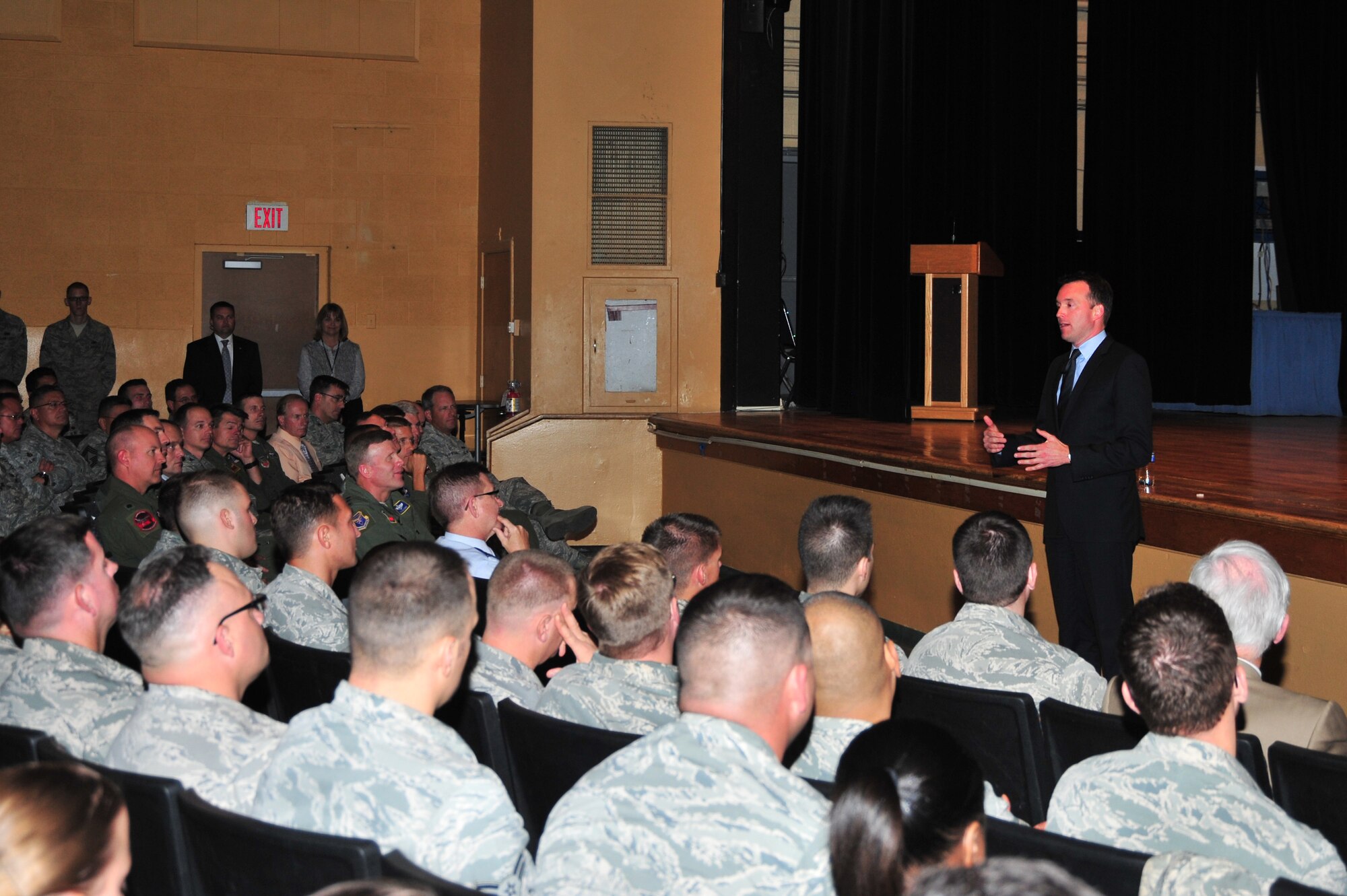 Acting Secretary of the Air Force Eric Fanning talks to Airmen during an all-call at Davis-Monthan Air Force Base, Ariz., Nov. 5, 2013. During the visit Fanning addressed key issues such as the budget, sexual assaults, and the future of the Air Force. (U.S. Air Force photo/SrA Joshua Slavin)(Released) (Cropped)