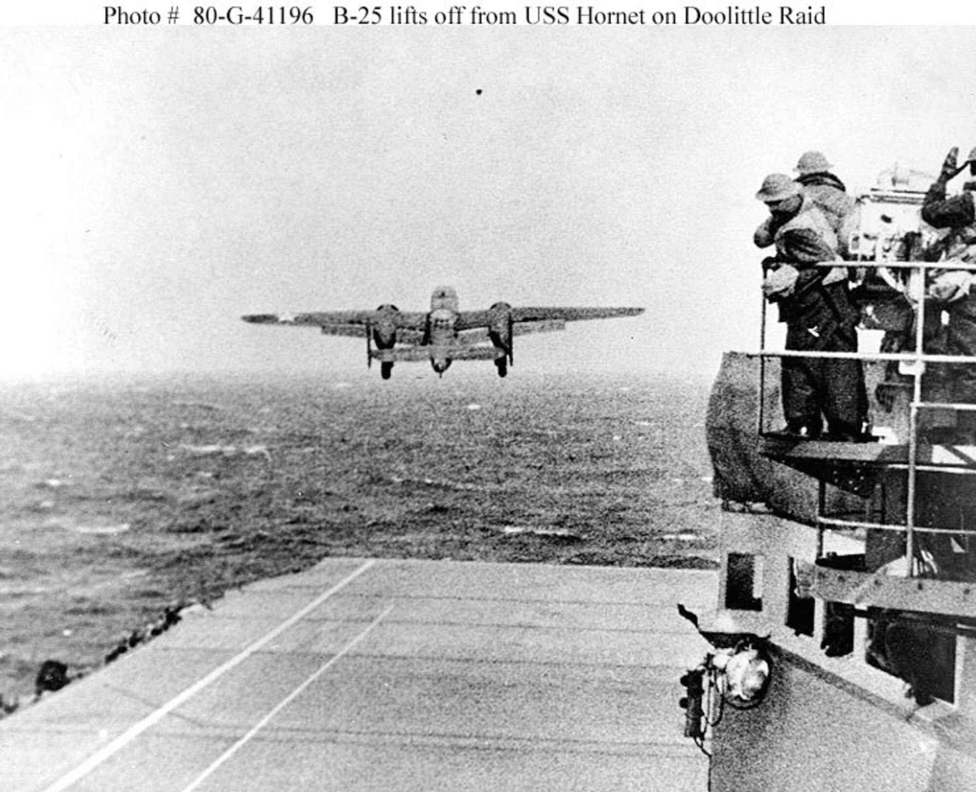 An Army Air Force B-25B bomber takes off from USS Hornet (CV-8) at the start of the Doolittle Tokyo raid, April 18, 1942. (U.S. Navy photo)