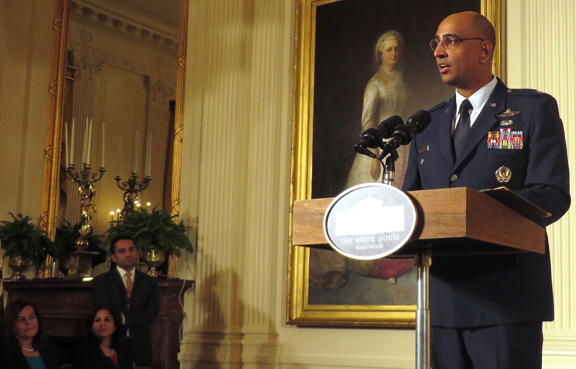 Lt. Col. Ravi Chaudhary, Air Force District of Washington executive officer, introduces First Lady Michelle Obama during a Diwali ceremony at the White House, Washington, D.C., Nov. 5, 2013. Diwali, also known as the festival of lights, is a five-day Hindu festival. (Courtesy photo)