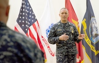 Master Chief Petty Officer of the Navy Mike Stevens answers a question from a Sailor in the audience during his all-hands call Oct. 30 at Joint Base San Antonio-Fort Sam Houston. (Photo by L.A. Shively, JBSA-Fort Sam Houston Public Affairs)