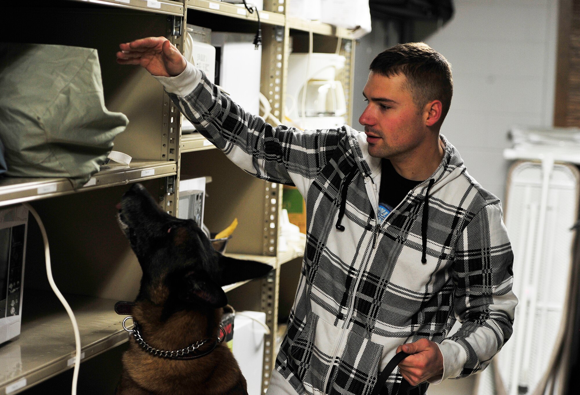 Staff Sgt. Jacob Duncan, 5th Security Forces Squadron Military Working Dog handler and MWD Arno, search cabinets during detection training at the Outdoor Recreation Center at Minot Air Force Base, N.D., Nov. 5, 2013. The handler uses hand movements when they want their MWD to sniff in a specific area. (U.S. Air Force photo/Senior Airman Kristoffer Kaubisch)