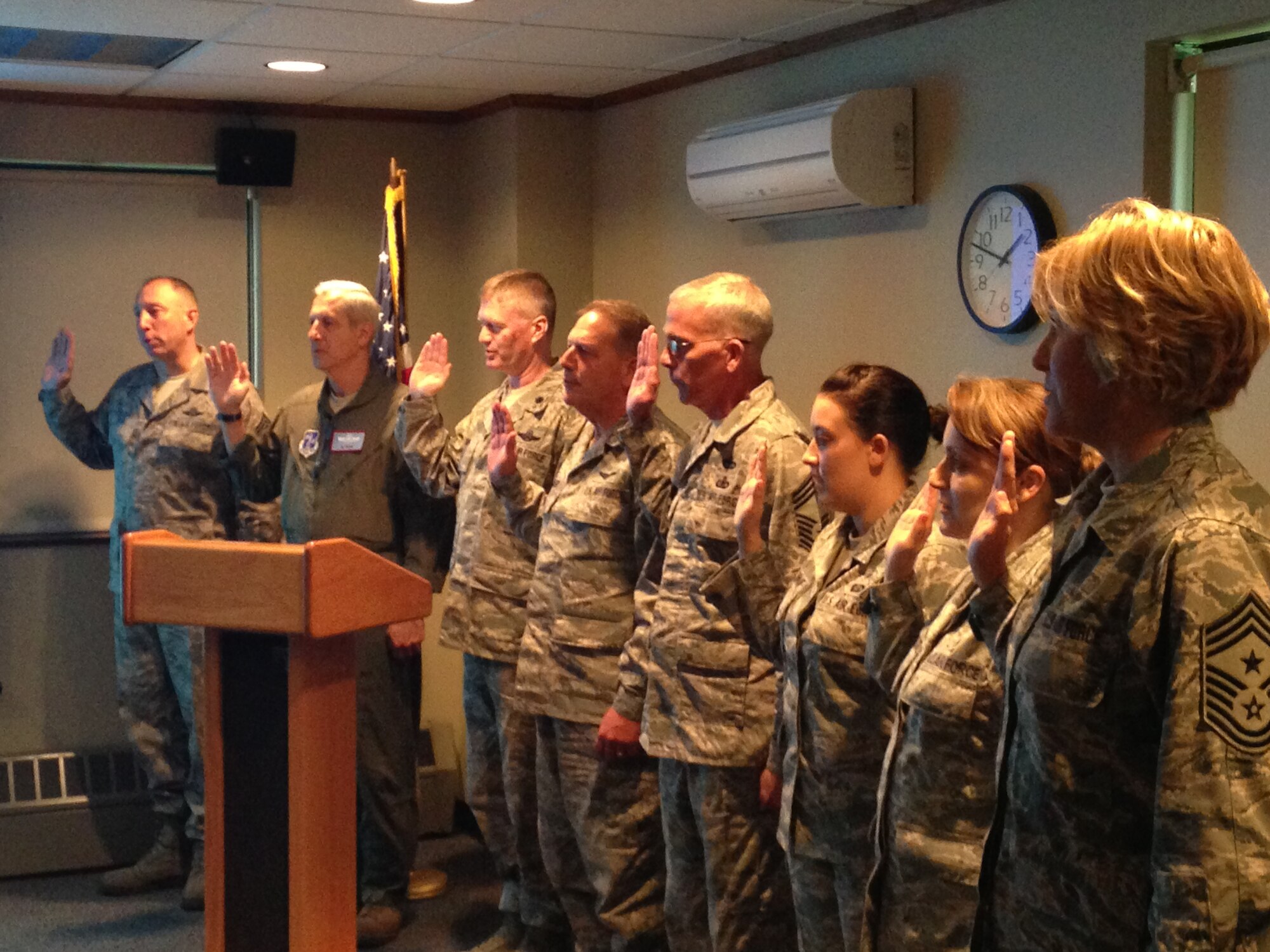 SCOTIA, N.Y. - The 109th Airlift Wing's Inspector General Office swears in as an official office on Sept. 13, 2013. The IG office will be heading the new inspection system with a goal of maintaining continuous compliance and readiness throughout the wing. (Air National Guard photo by Col. John P. Russo/Released)