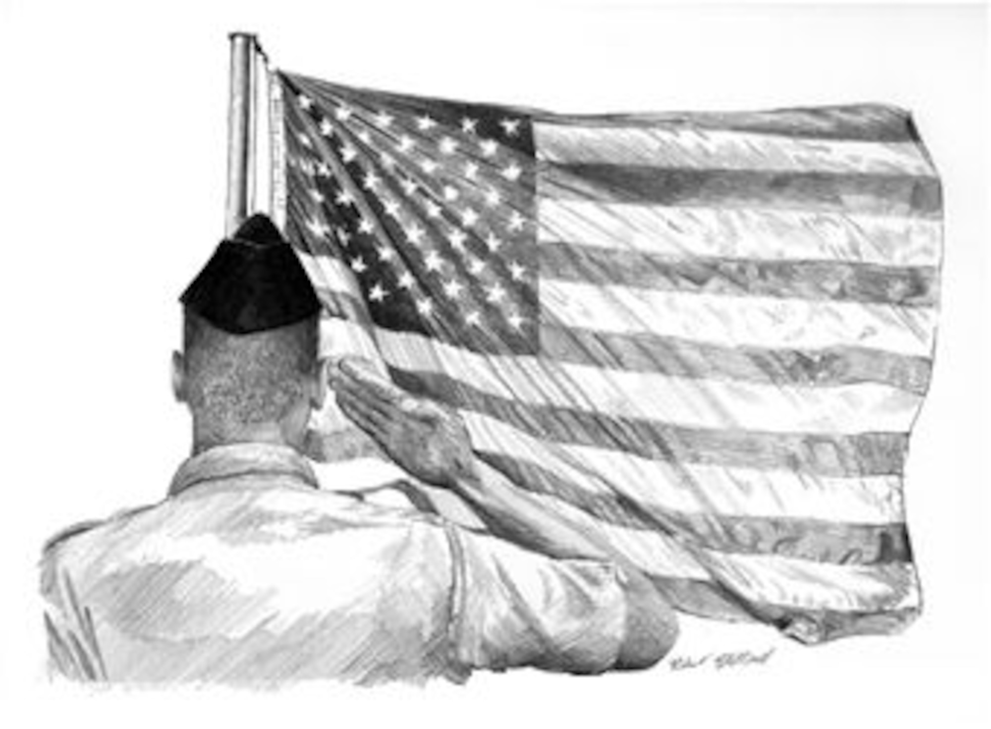 A U.S. Air Force Airman renders a salute to the American flag, depicting the proper respect to pay. According to Air Force Instruction 34-1201, Protocol, 8.1.6.2, when reveille or retreat is played, following “To the Color,” or the national anthem, military members are required to salute facing the flag or the direction of the music. Airmen are required to salute when the flag is raised, lowered or hoisted, including passing during special ceremonies. (U.S. Air Force illustration/Bob Stillwell) 