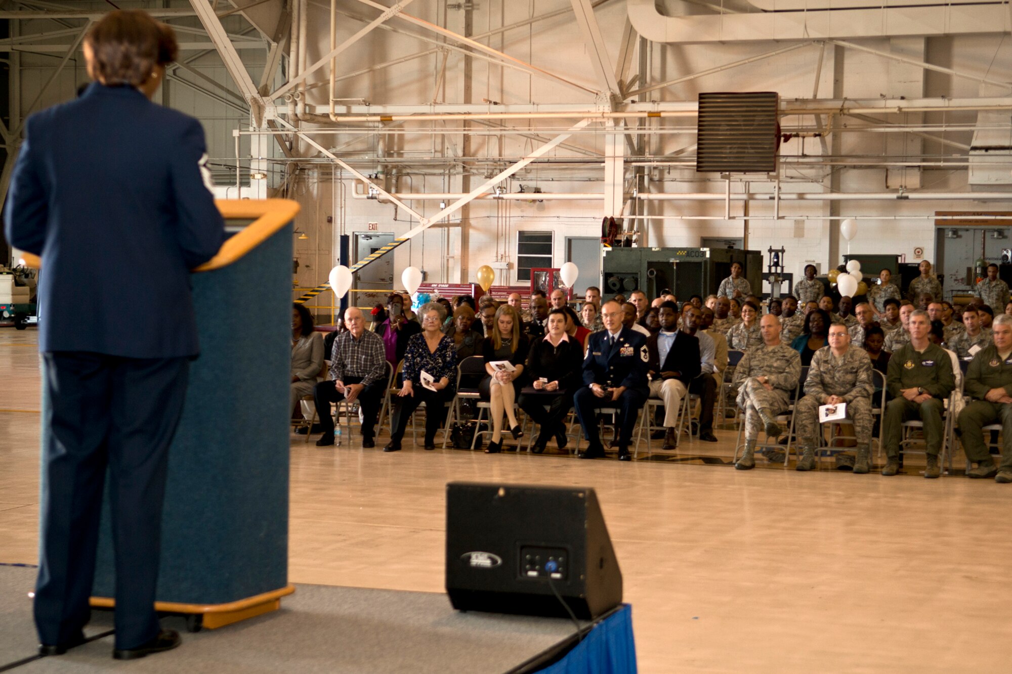 Friends, family and coworkers listen as U.S. Air Force Master Sgt. Patricia McKinney-Bivens speaks during her retirement ceremony on Nov. 3, 2013, Barksdale Air Force Base, La. McKinney-Bivens enlisted in the Air Force Reserve in 1983 and is the First Sergeant for the 307th Medical Squadron. (U.S. Air Force photo by Master Sgt. Greg Steele/Released)