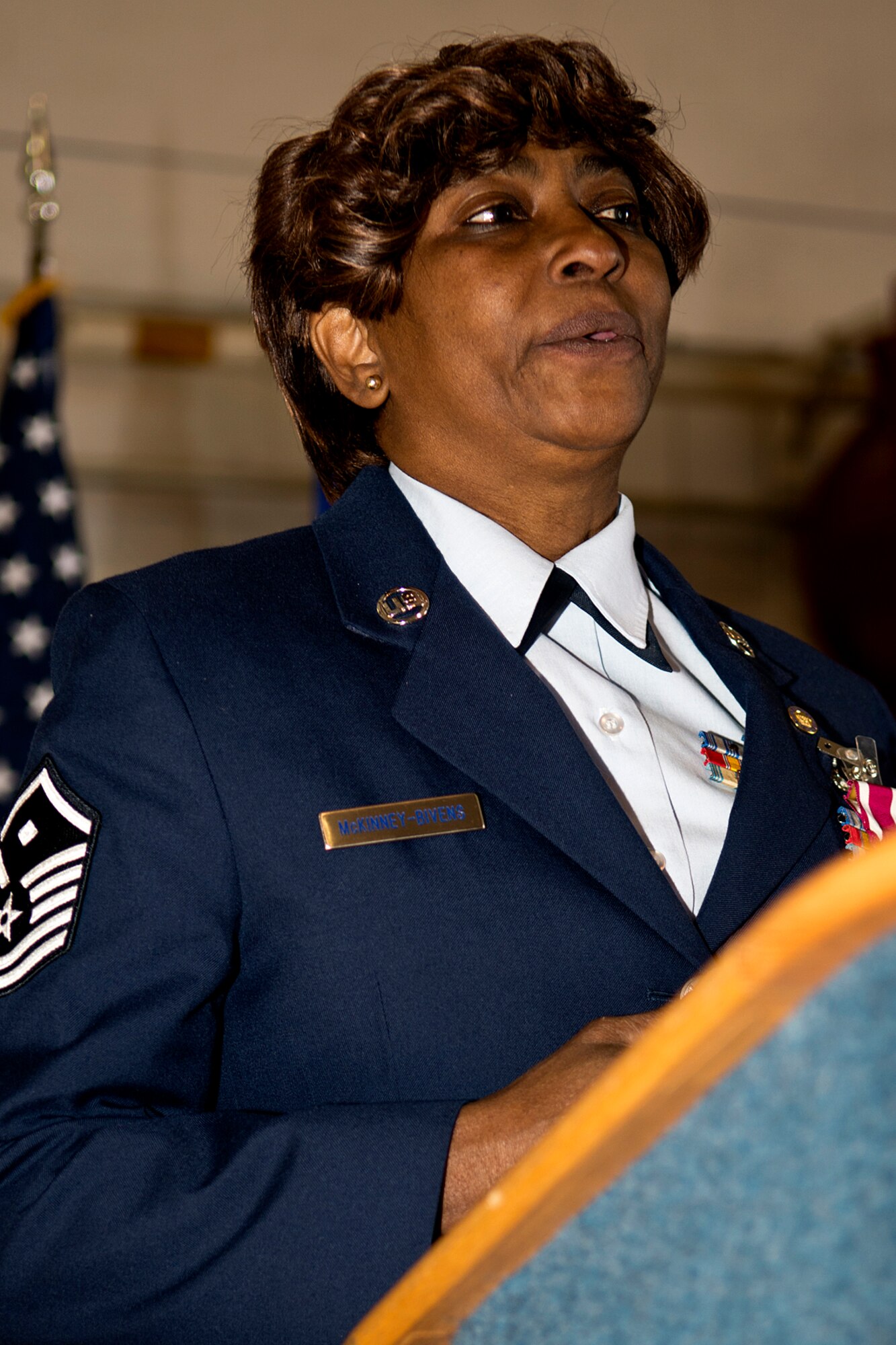 U.S. Air Force Master Sgt. Patricia McKinney-Bivens speaks during her retirement ceremony on Nov. 3, 2013, Barksdale Air Force Base, La. McKinney-Bivens is the First Sergeant for the 307th Medical Squadron and is retiring after 30 years of service. (U.S. Air Force photo by Master Sgt. Greg Steele/Released)