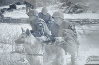 A image taken in the Korean War of a military team with a canine was part of a collection that create a montage that is etched onto the face of the Military Working Dog Teams’ National Monument which was revealed Oct. 28, 2013 at Joint Base San Antonio-Lackland, Texas. The Department of Defense Military Working Dog Program is located at JBSA-Lackland where teams have been trained since 1958. (U.S. Air Force photo by Airman 1st Class Krystal M. Jeffers/Released)