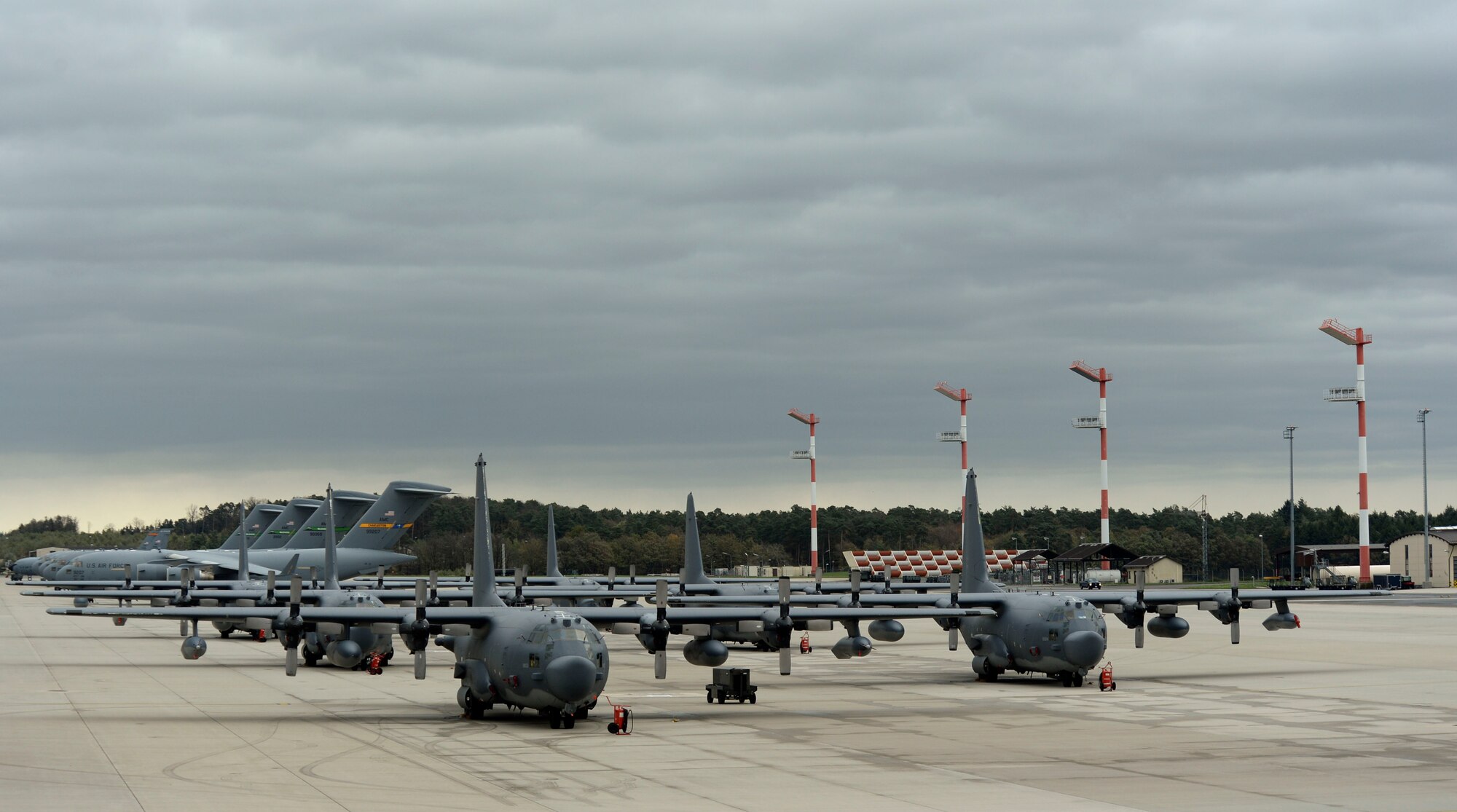 SPANGDAHLEM AIR BASE, Germany--MC-130s from RAF Mildenhall were parked on our ramp in order to avoid that nasty weather in the UK. Even a few C-17s from Charleston Air Force Base, S.C., and Joint Base Lewis-McChord, Wash., stopped through for a visit. (U.S. Air Force photo by Senior Airman Rusty Frank/Released)