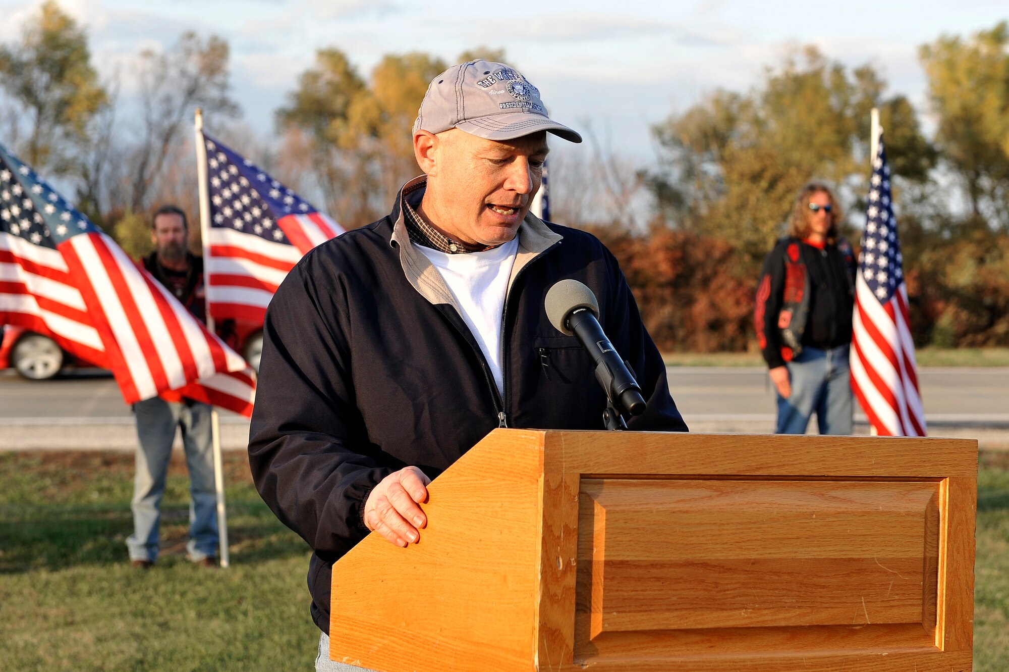Capt. Brandon Cyr's father, Nave Capt. Phillip Cyr, shares his appreciation for all veterans during the event. Cyr's son died April 27 in an MC-12 crash near Kandahar Airfield in Afghanistan. (U.S. Air Force photo/Airman 1st Class Jaeda Waffer)