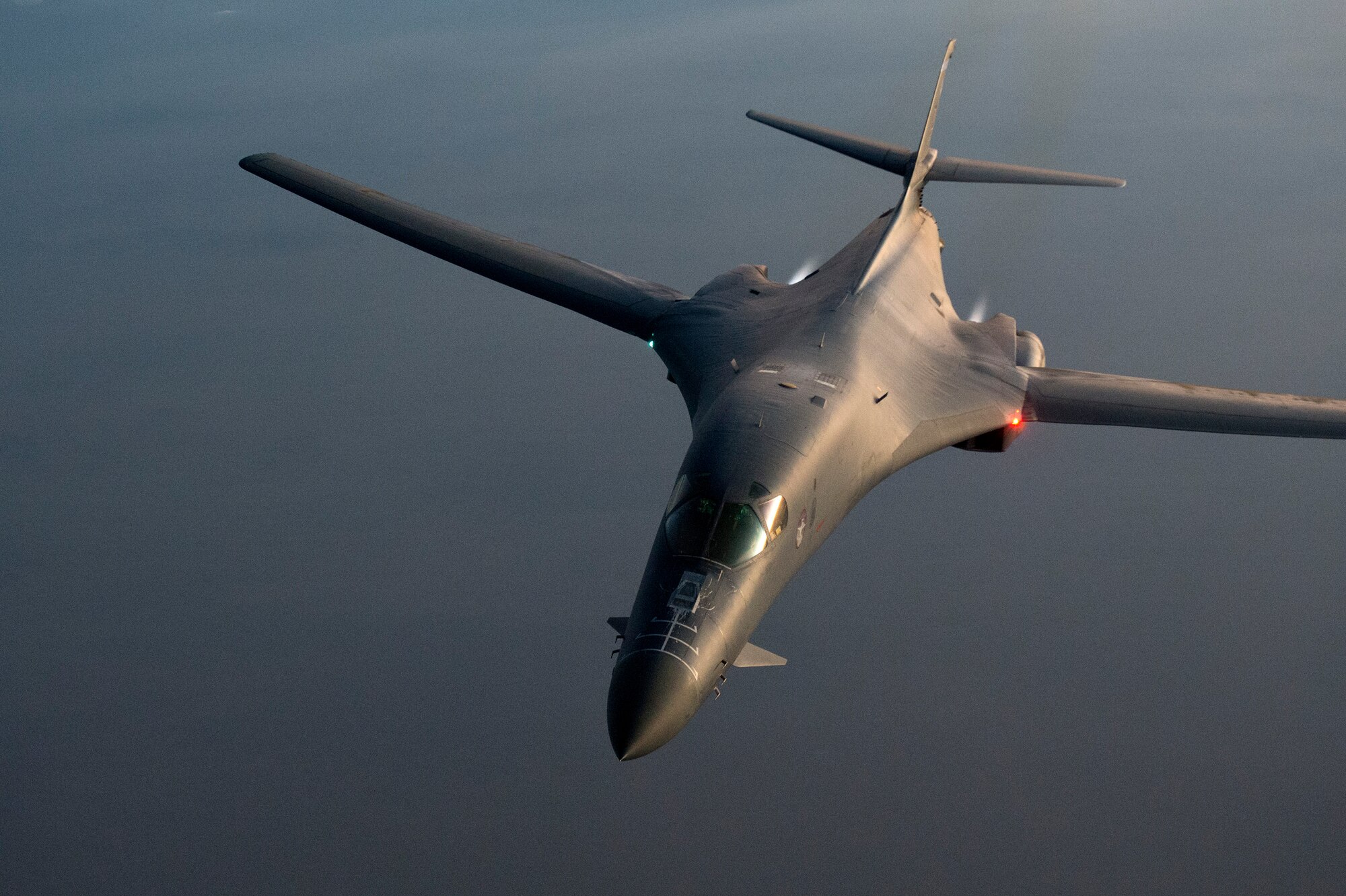 Lt. Col. Sloan Hollis, 379th Expeditionary Operations Support Squadron commander and pilot, maneuvers a B-1B Lancer bomber over Southern Afghanistan, Nov. 6, 2013. Sloan hails from Rapid City, S.D. 
(U.S. Air Force Photo/Master Sgt. Ben Bloker)