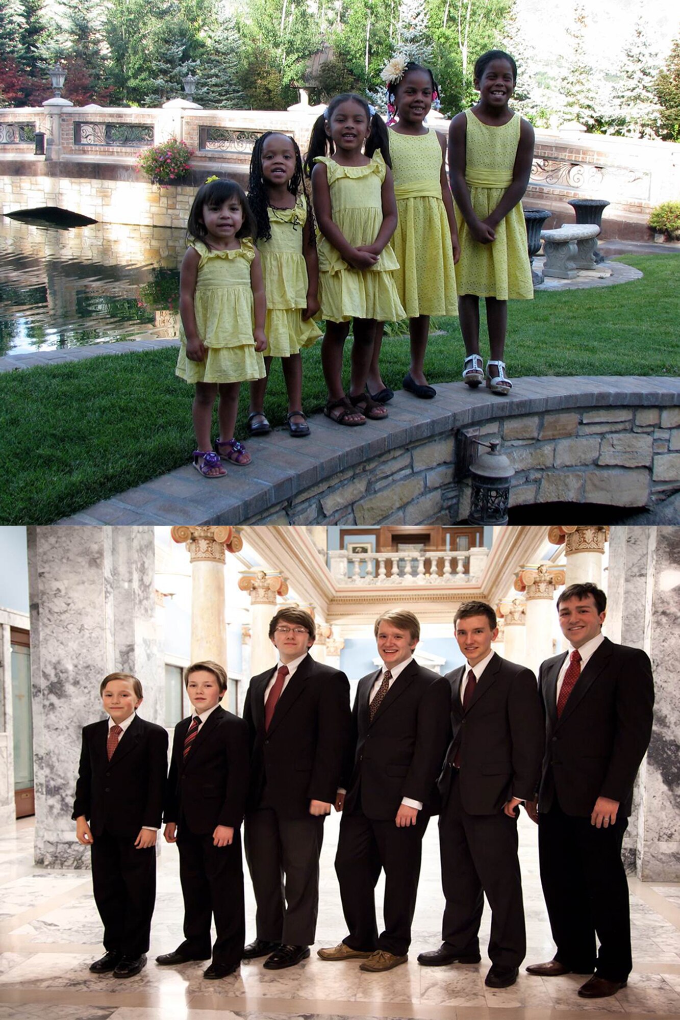 The Brewer family in two portraits. The family has 11 children, five of which are adopted. (Courtesy photo)