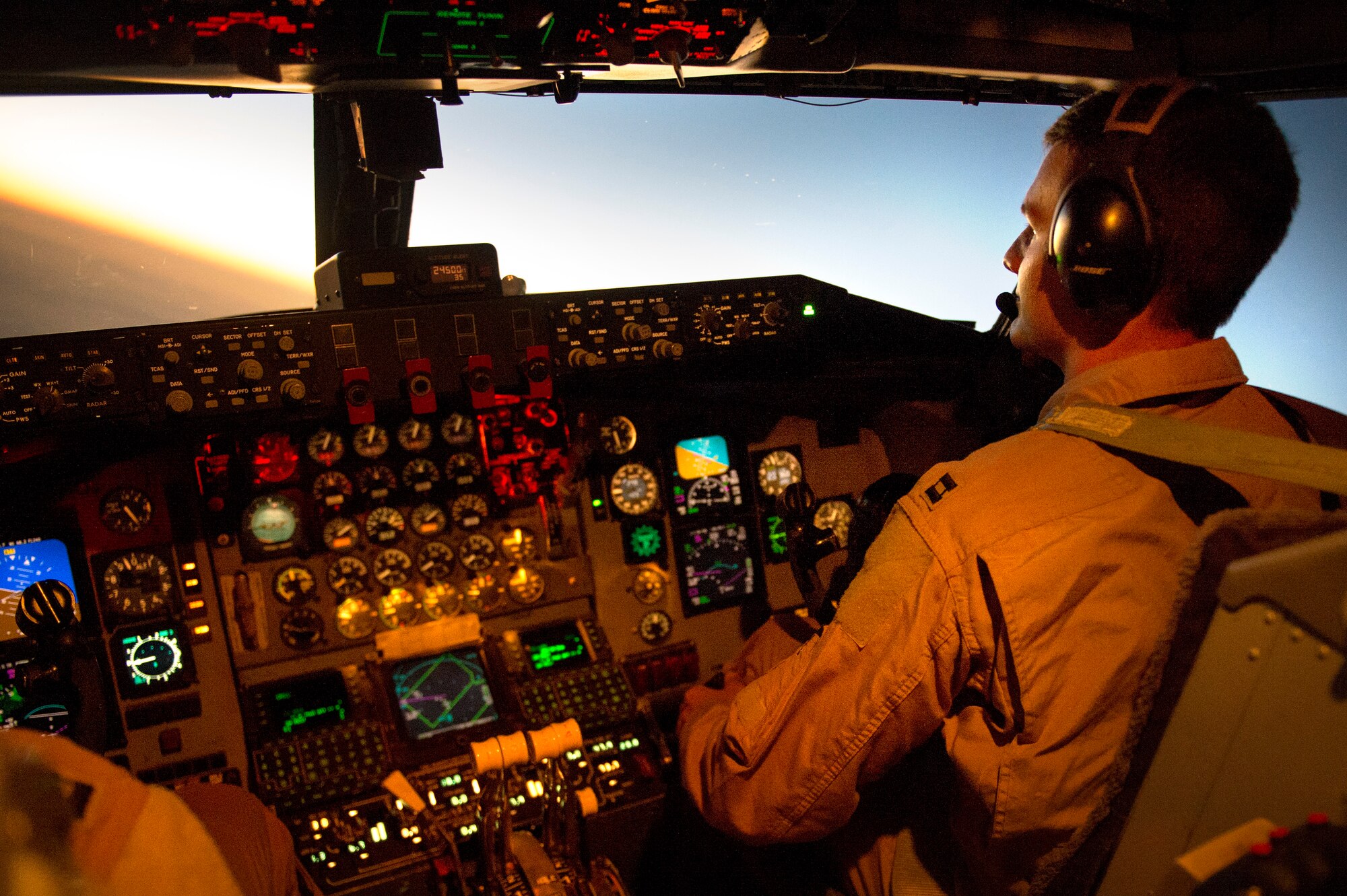 Capt. Daniel McLaughlin, 340th Expeditionary Air Refueling Squadron pilot, maneuvers a KC-135R Stratotanker towards the Persian Gulf after supporting a B-1B Lancer refueling mission over southern Afghanistan, Nov. 6, 2013. McLaughlin, a Midland, Texas native, is deployed from Seymour Johnson Air Force Base, N.C.
(U.S. Air Force Photo/Master Sgt. Ben Bloker)