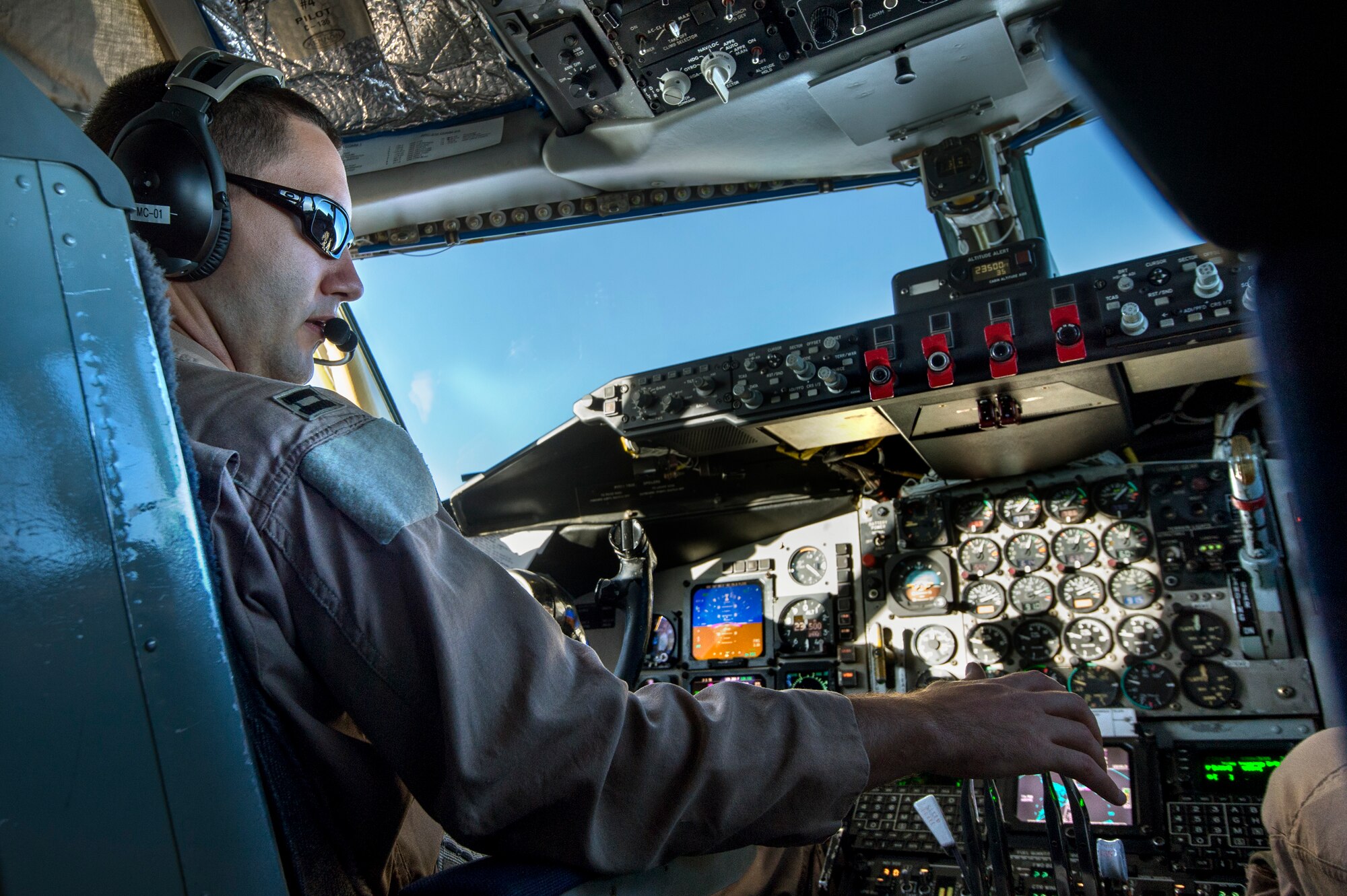 Capt. Derrick Baker, 340th Expeditionary Air Refueling Squadron pilot, maneuvers a KC-135R Stratotanker towards southern Afghanistan to refuel a B-1B Lancer bomber, Nov. 6, 2013. Baker, a Brandon, Fla., native, is deployed from Seymour Johnson Air Force Base, N.C. (U.S. Air Force Photo/Master Sgt. Ben Bloker)