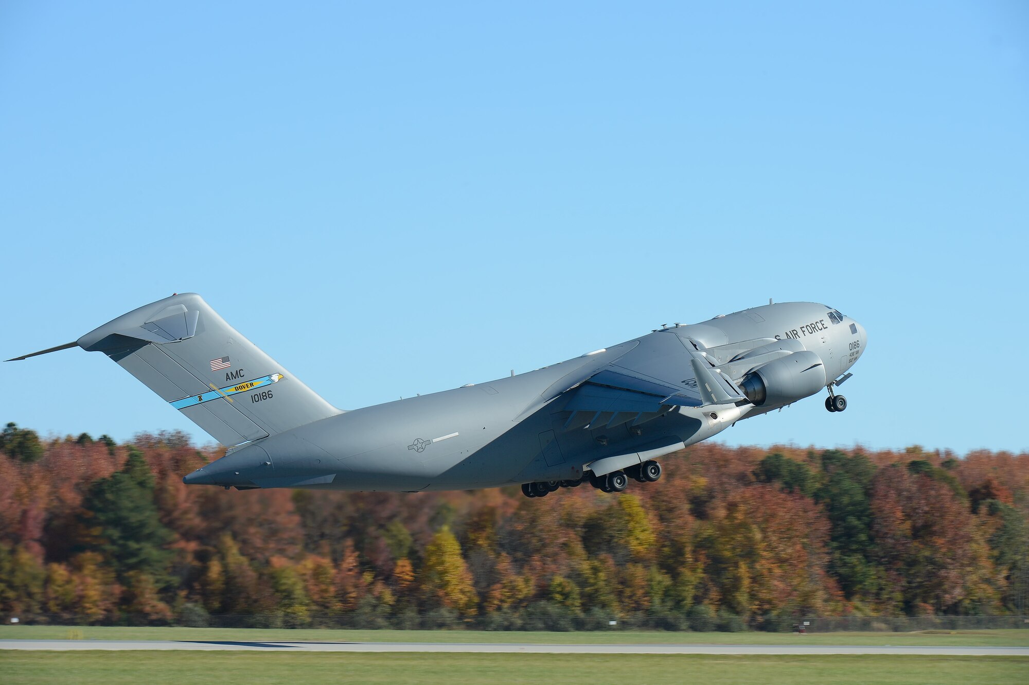 A gray C-17A Globemaster III of the 3rd Airlift Squadron, 436th Airlift Wing, contrasts greatly with colorful fall foilage as the aircraft takes off on Nov. 6, 2013, at Dover Air Force Base, Del. Fall colors are currently at their peak in the region. (U.S. Air Force photo/Greg L. Davis)